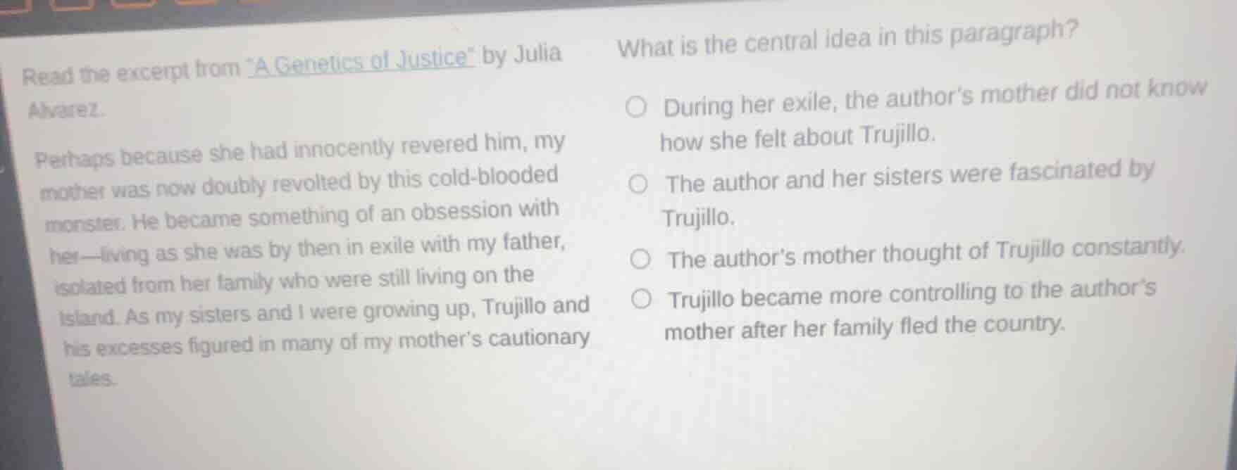 read the excerpt from \a genetics of justice\ by julia alvarez. perhaps…