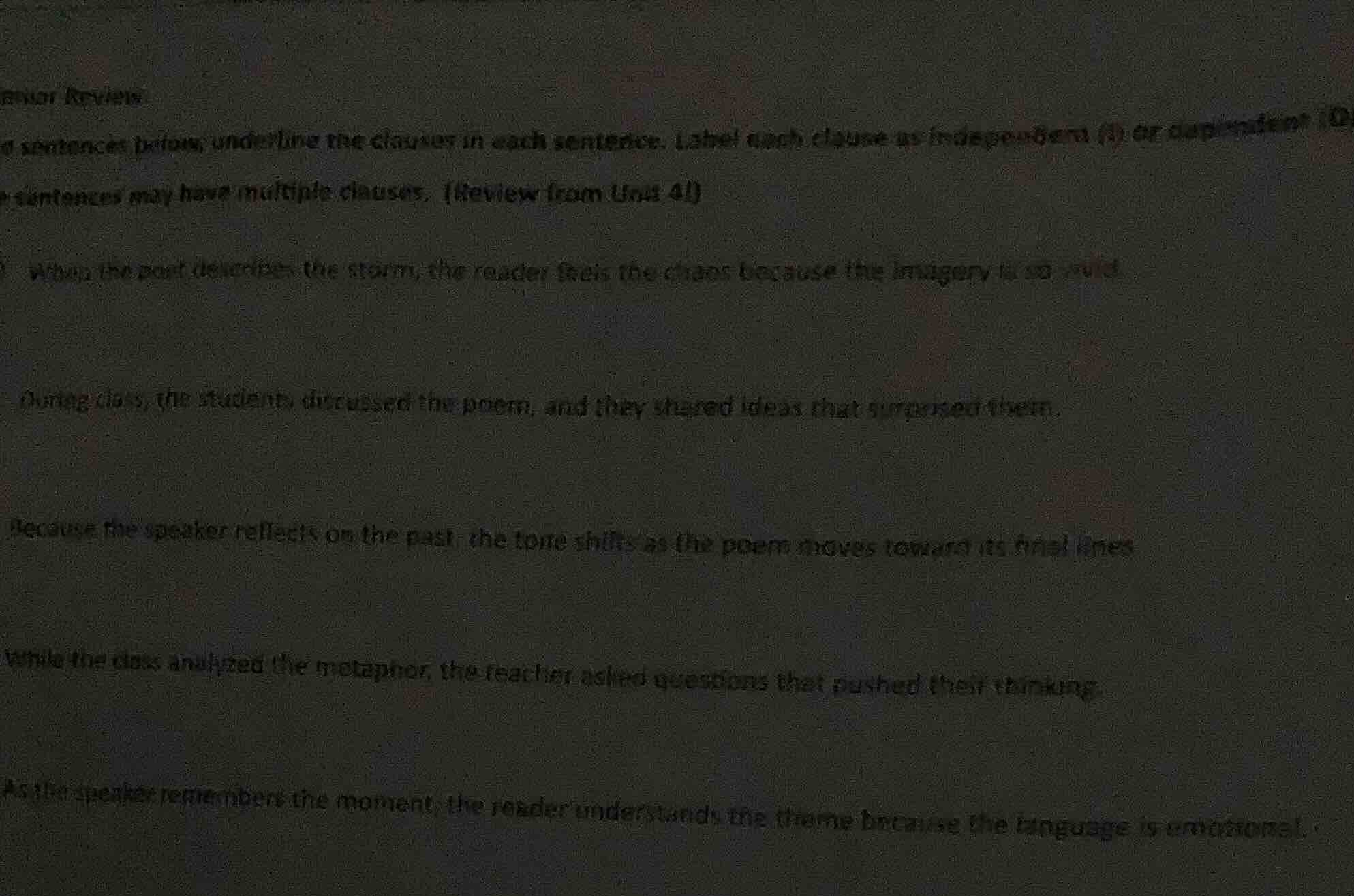 review sentences below; underline the clauses in each sentence. label e…