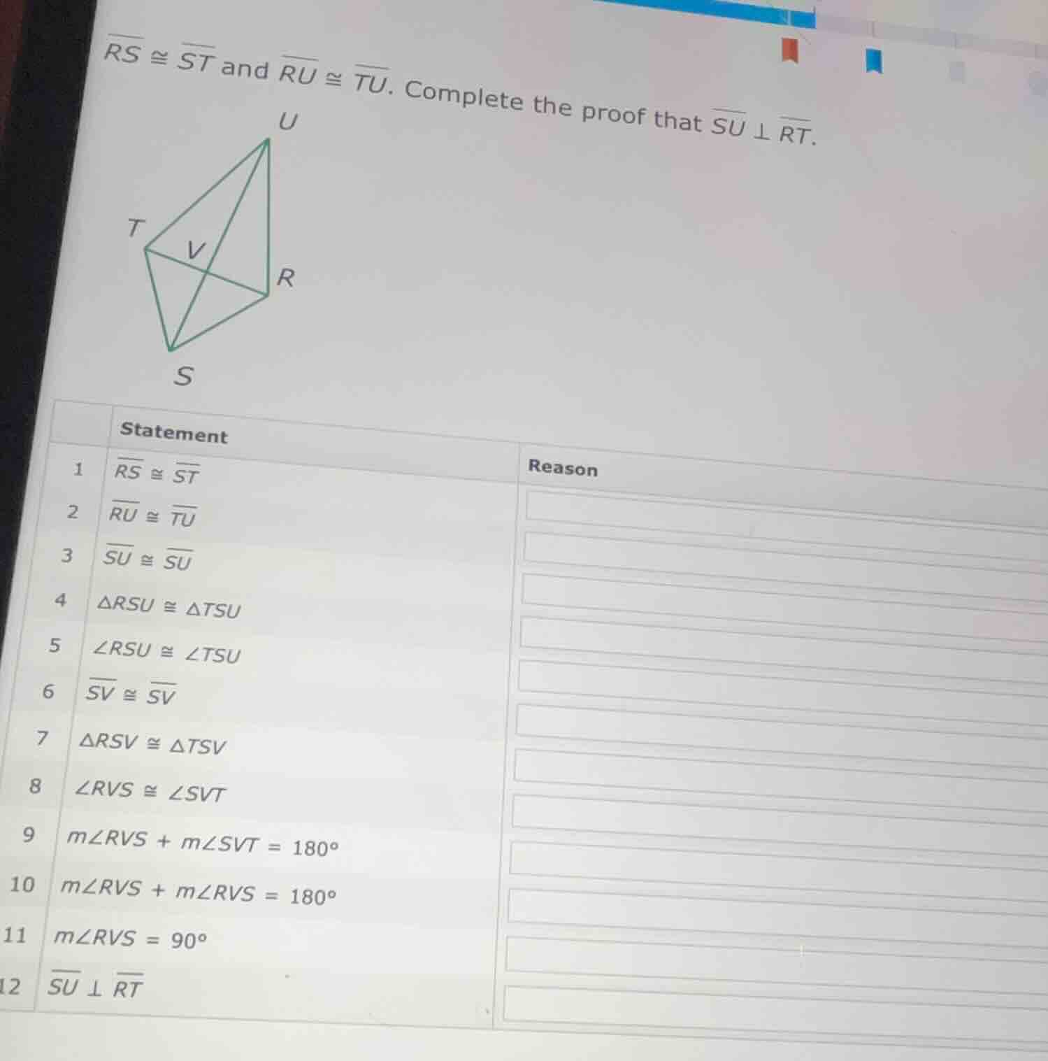$overline{rs} cong overline{st}$ and $overline{ru} cong overline{tu}$. …