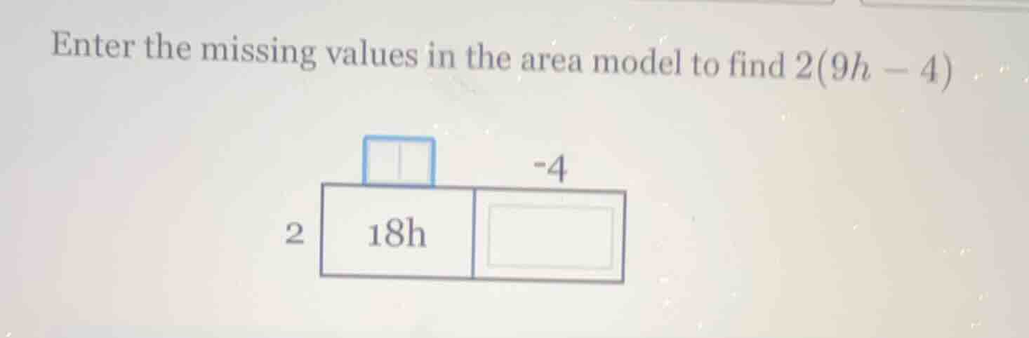 enter the missing values in the area model to find 2(9h - 4)
