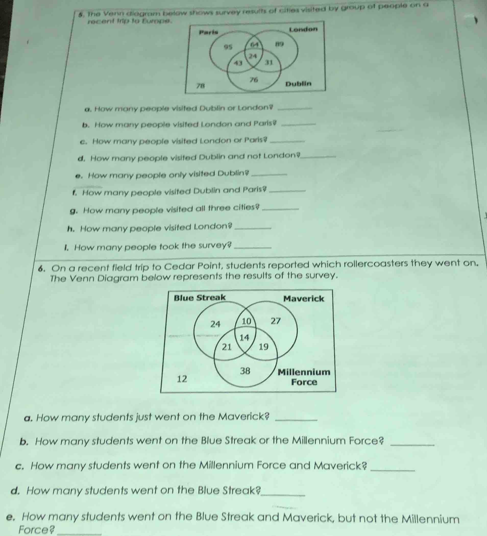 5. the venn diagram below shows survey results of cities visited by gro…
