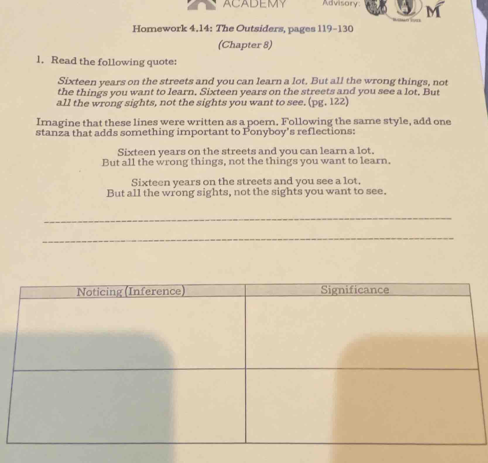 homework 4.14: the outsiders, pages 119-130 (chapter 8) 1. read the fol…