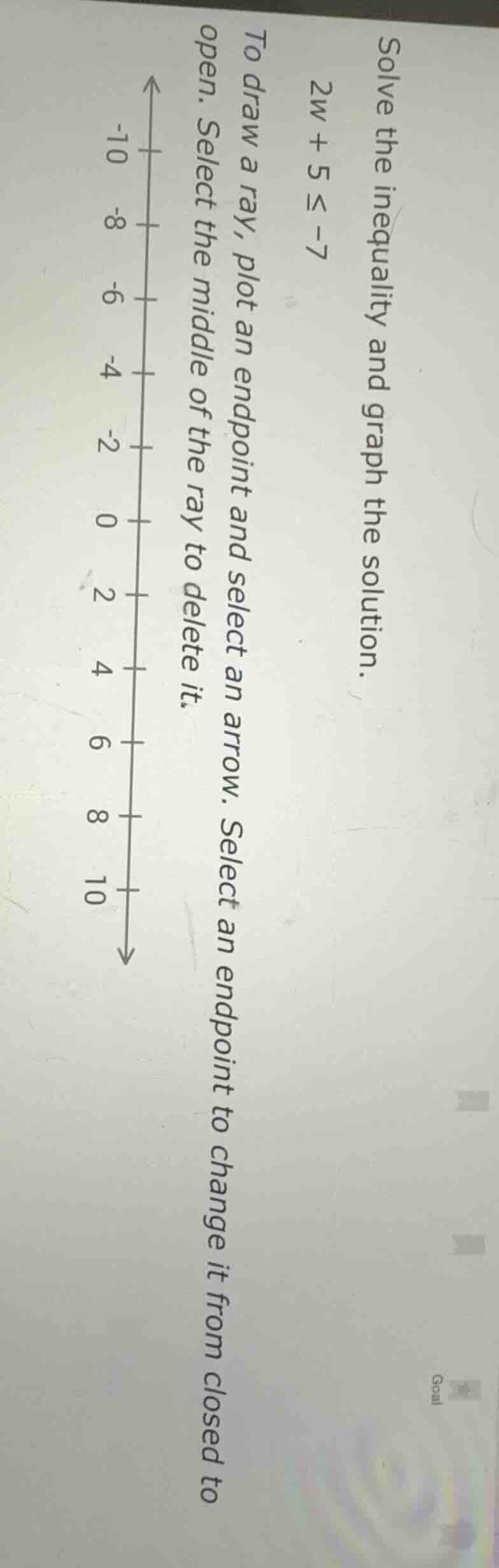 solve the inequality and graph the solution.\\(2w + 5 \\leq -7\\)\ to d…