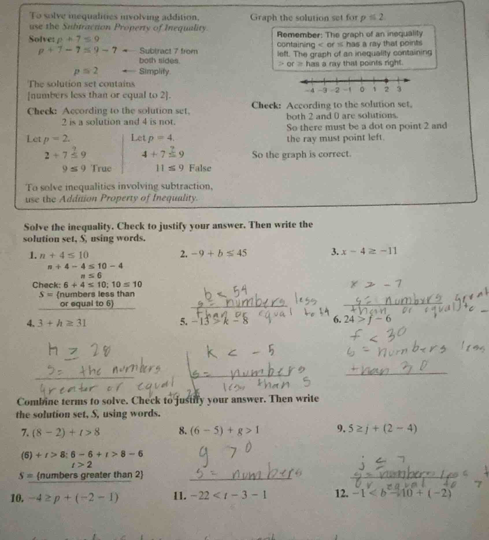 to solve inequalities involving addition, use the subtraction property …