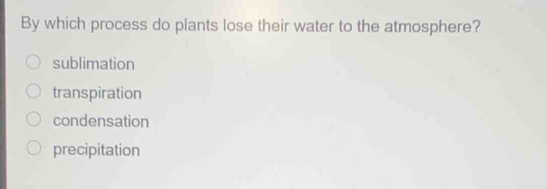 by which process do plants lose their water to the atmosphere? sublimat…