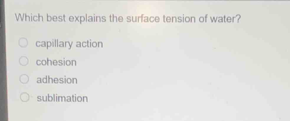 which best explains the surface tension of water? capillary action cohe…