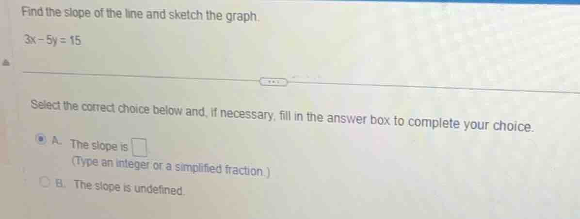find the slope of the line and sketch the graph. 3x - 5y = 15 select th…