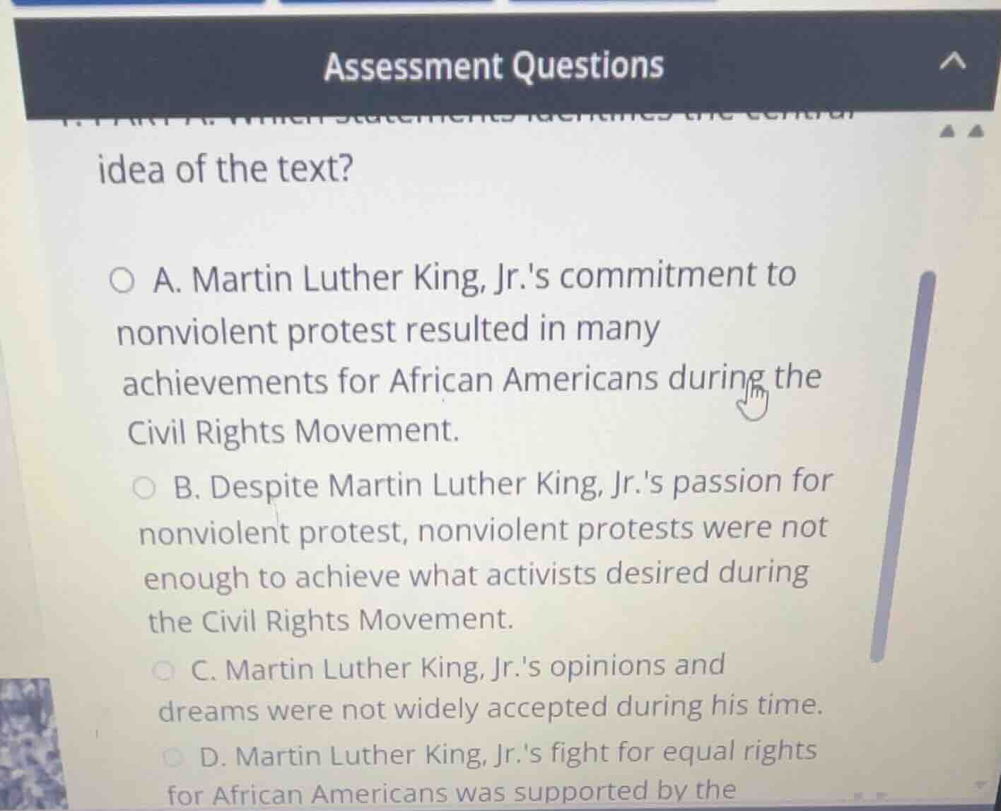 assessment questions idea of the text? a. martin luther king, jr.s comm…