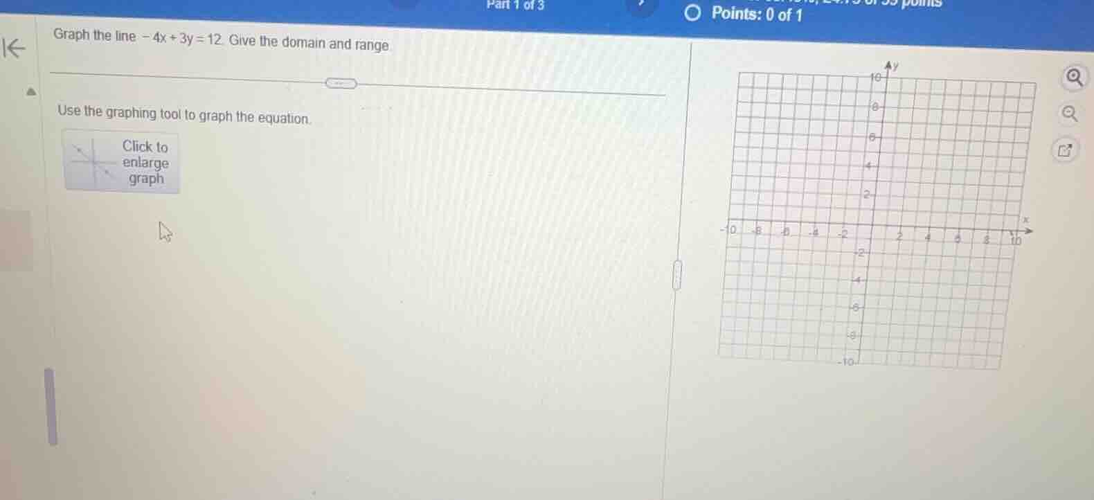 graph the line. -4x + 3y = 12. give the domain and range. use the graph…