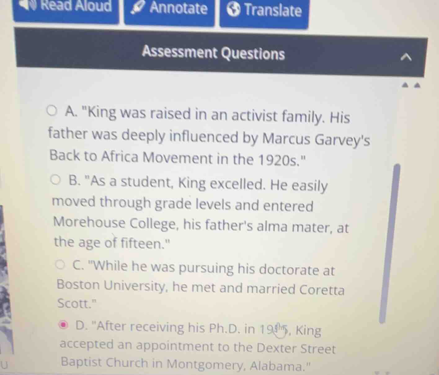 assessment questions a. \king was raised in an activist family. his fat…