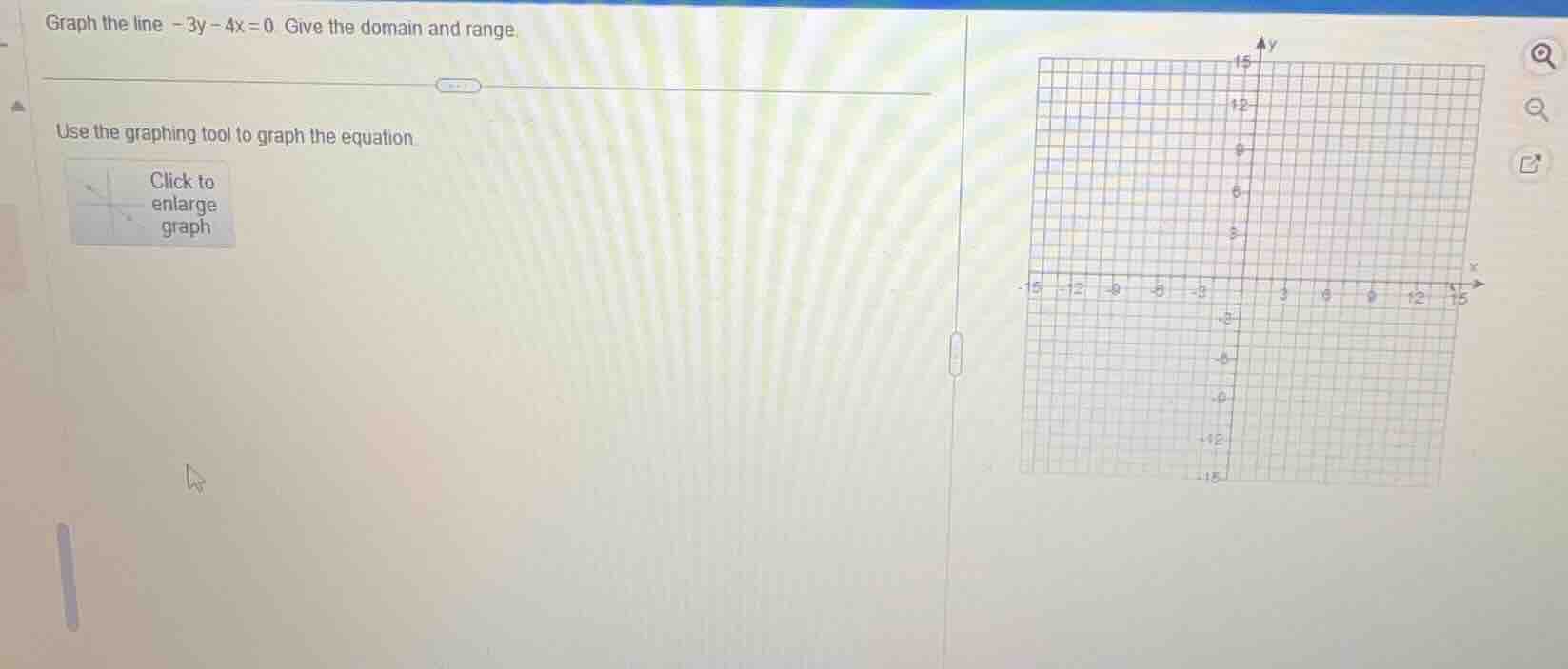 graph the line -3y - 4x = 0. give the domain and range. use the graphin…