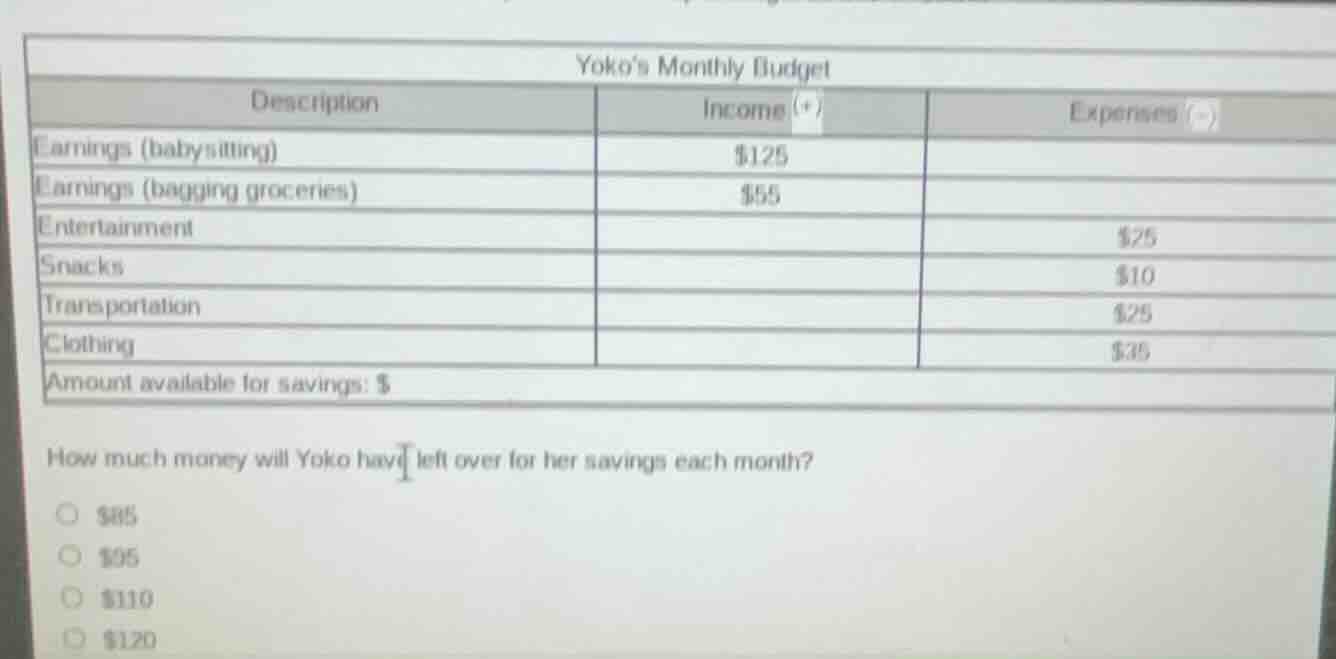 yokos monthly budget description | income (+) | expenses (-) earnings (…