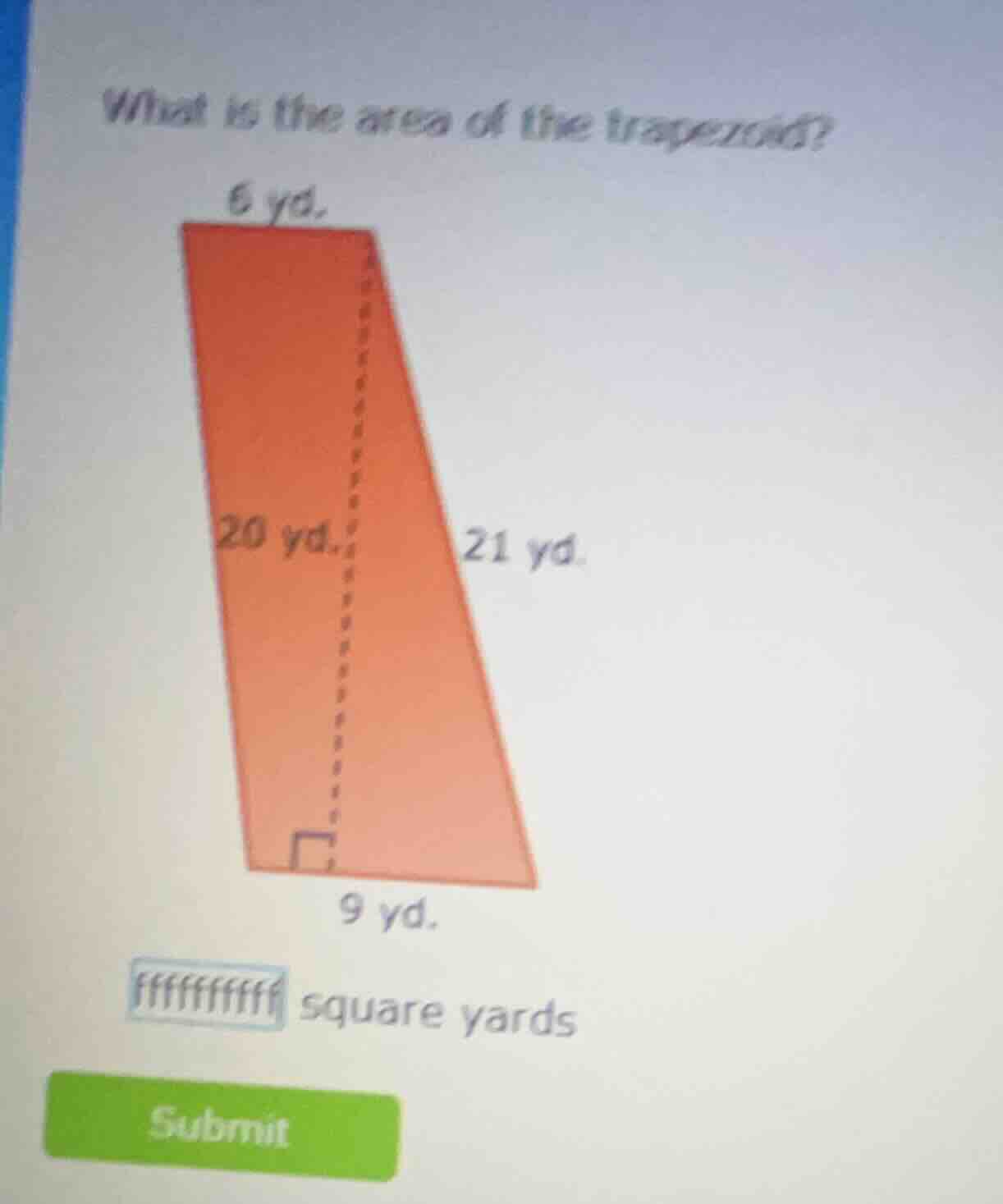 what is the area of the trapezoid? 6 yd. 20 yd. 21 yd. 9 yd. square yar…