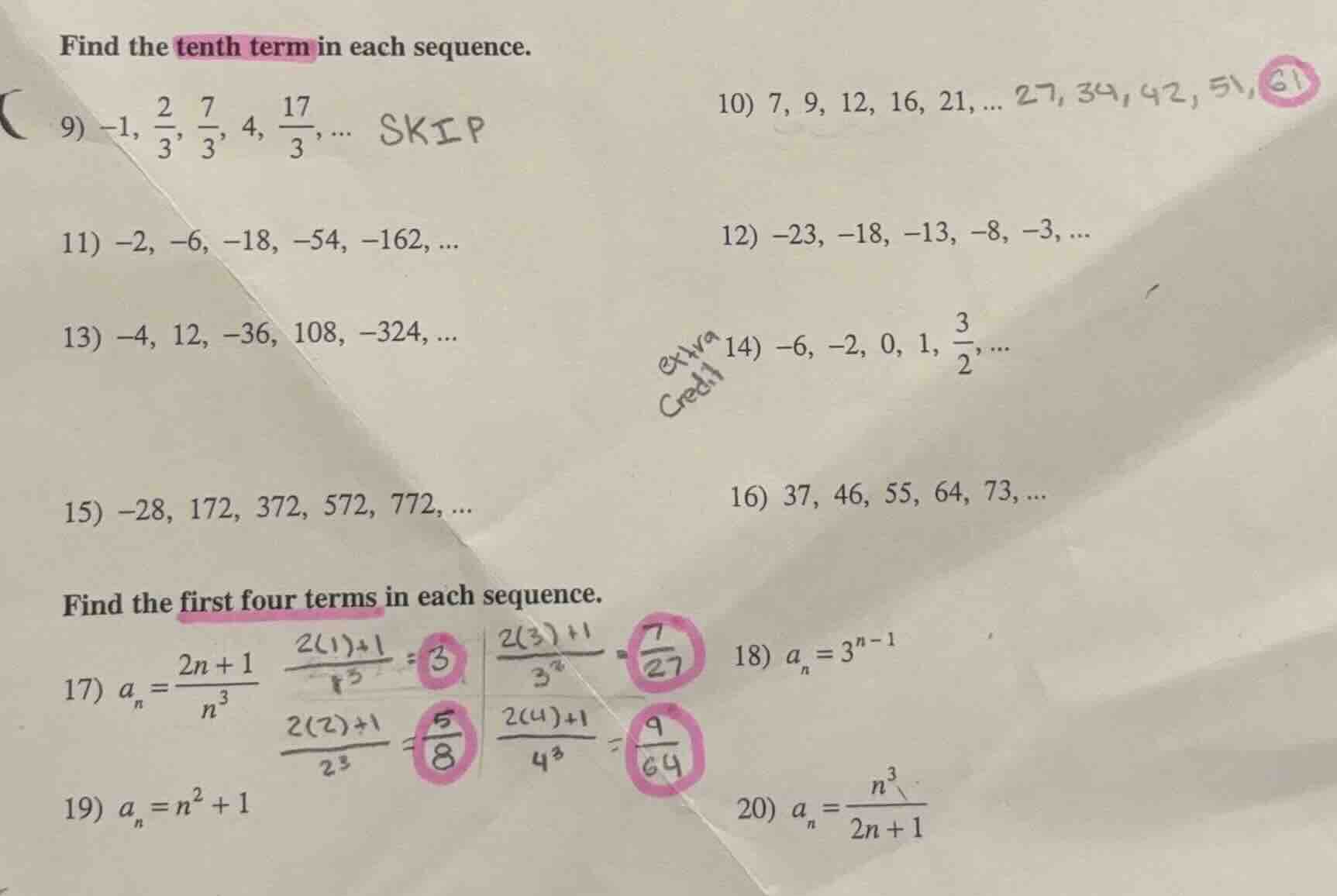 find the tenth term in each sequence. 9) $-1, \\frac{2}{3}, \\frac{7}{3…