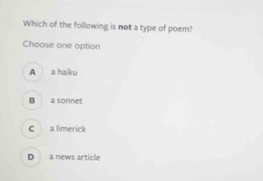 which of the following is not a type of poem? choose one option a a hai…