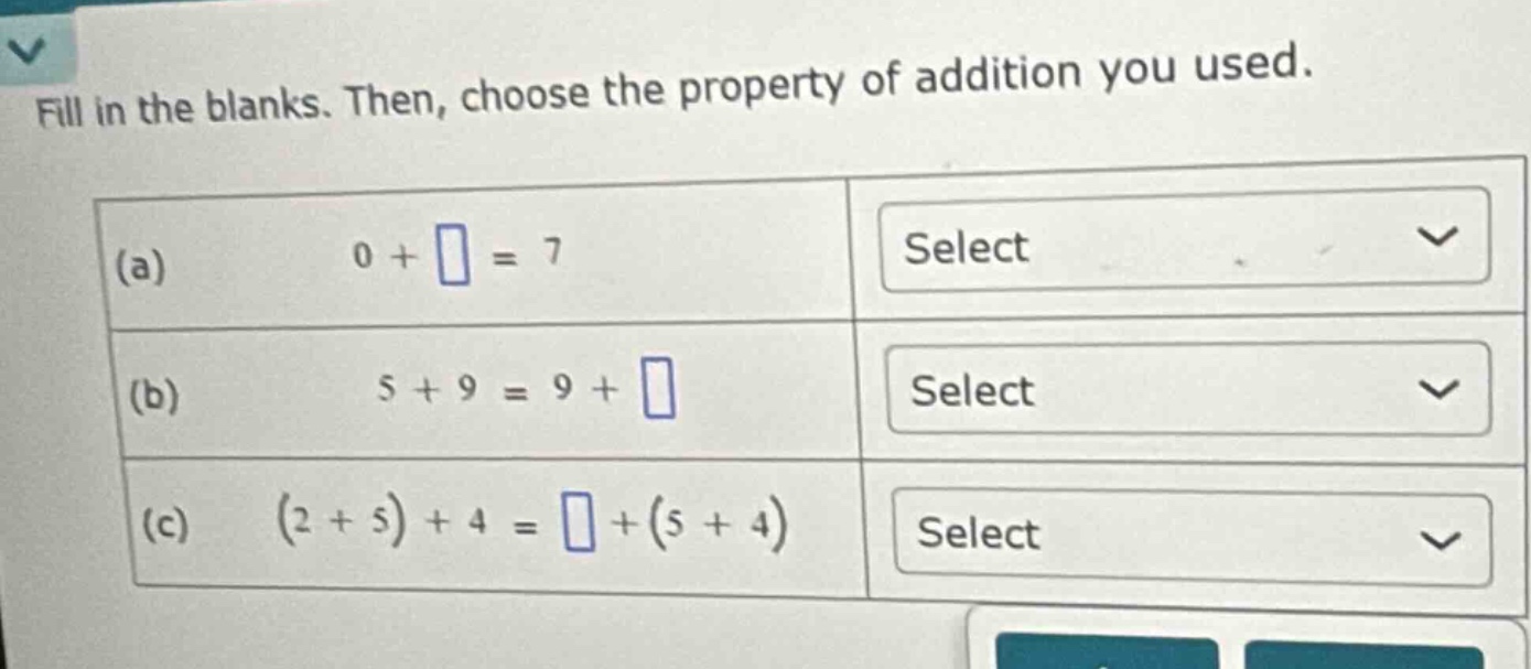 fill in the blanks. then, choose the property of addition you used. (a)…