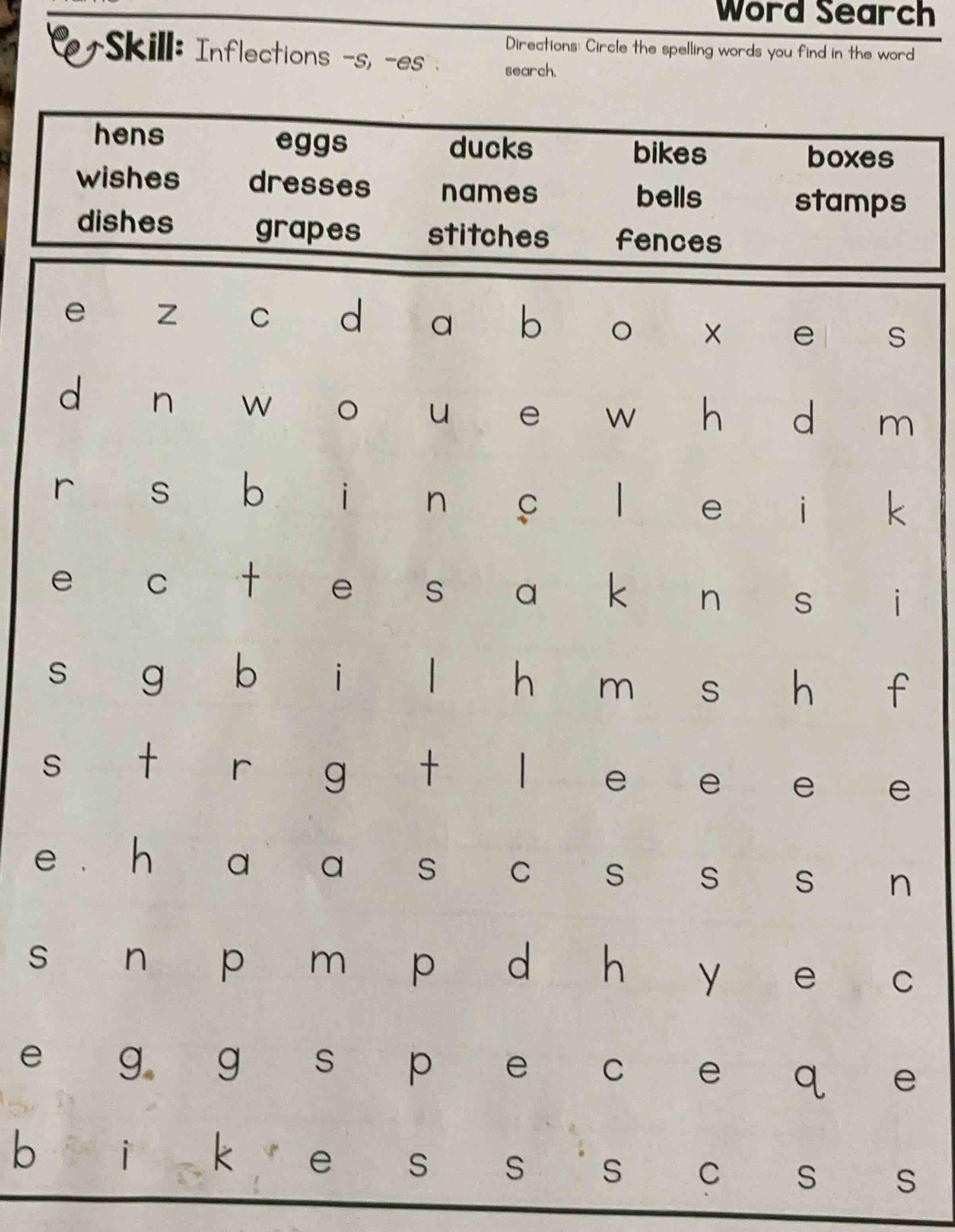 skill: inflections -s, -es word search directions: circle the spelling …