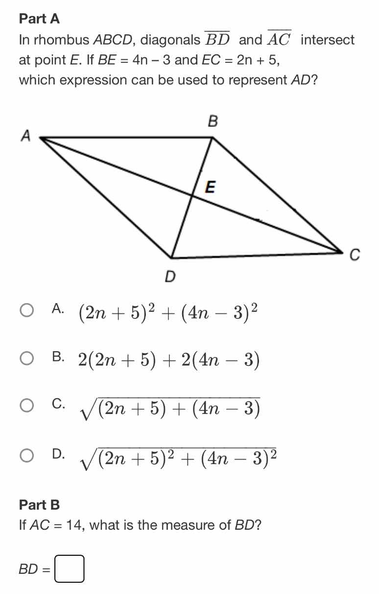 part a in rhombus (abcd), diagonals (overline{bd}) and (overline{ac}) i…