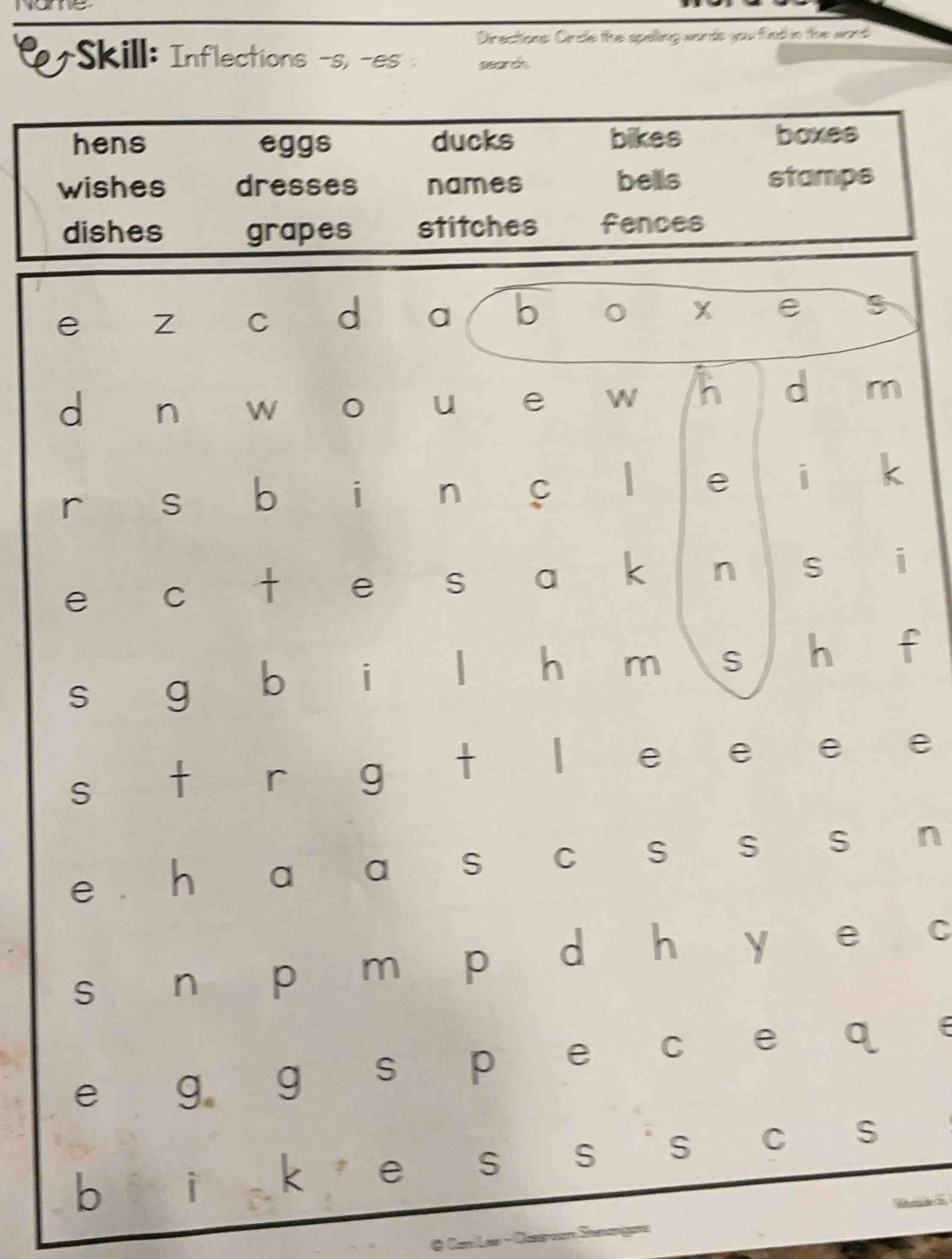 skill: inflections -s, -es directions: circle the spelling words you fi…