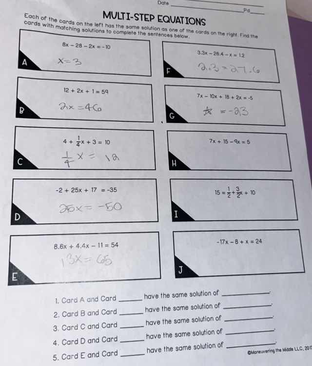 multi-step equations each of the cards on the left has the same solutio…