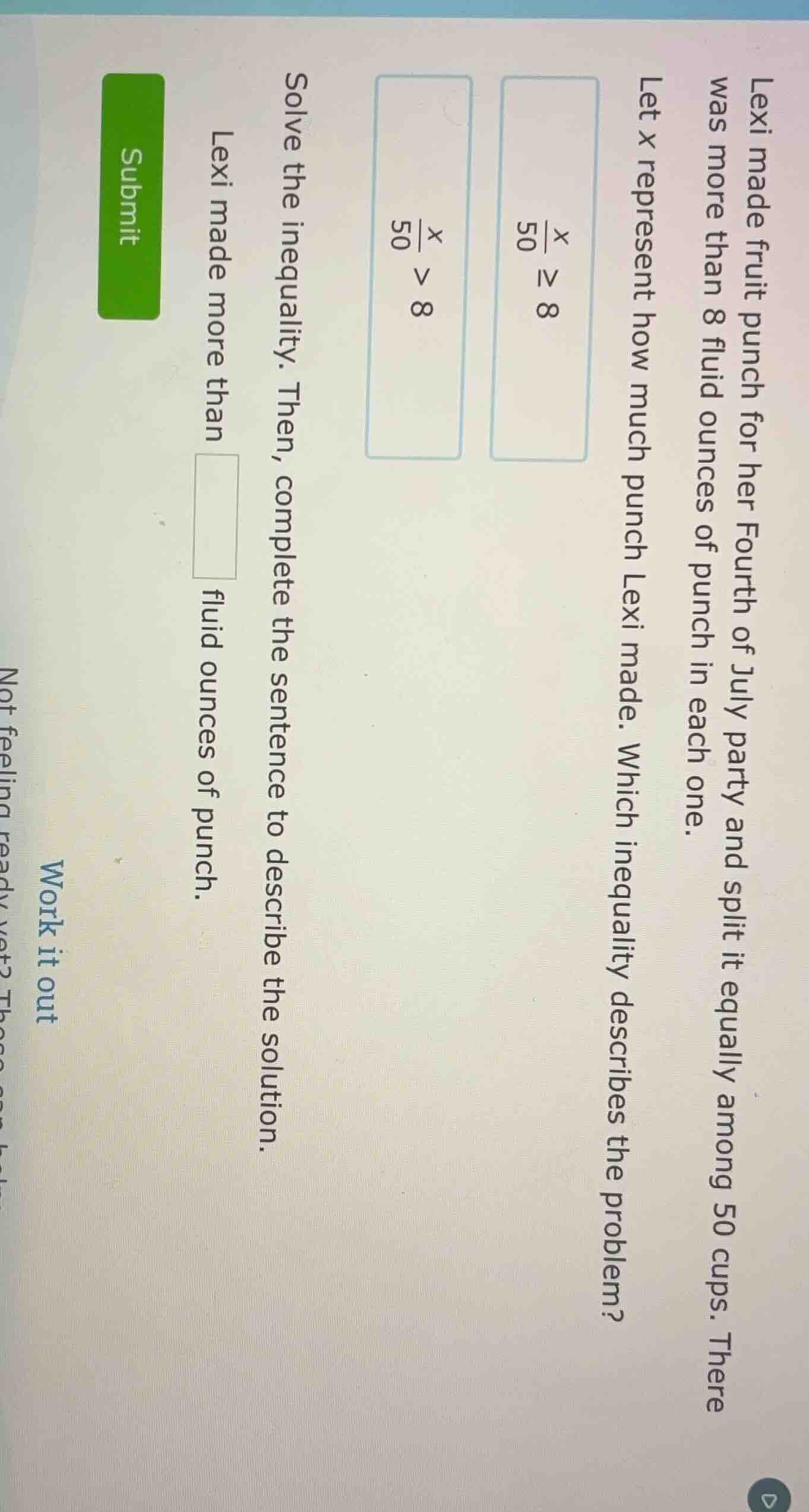 lexi made fruit punch for her fourth of july party and split it equally…