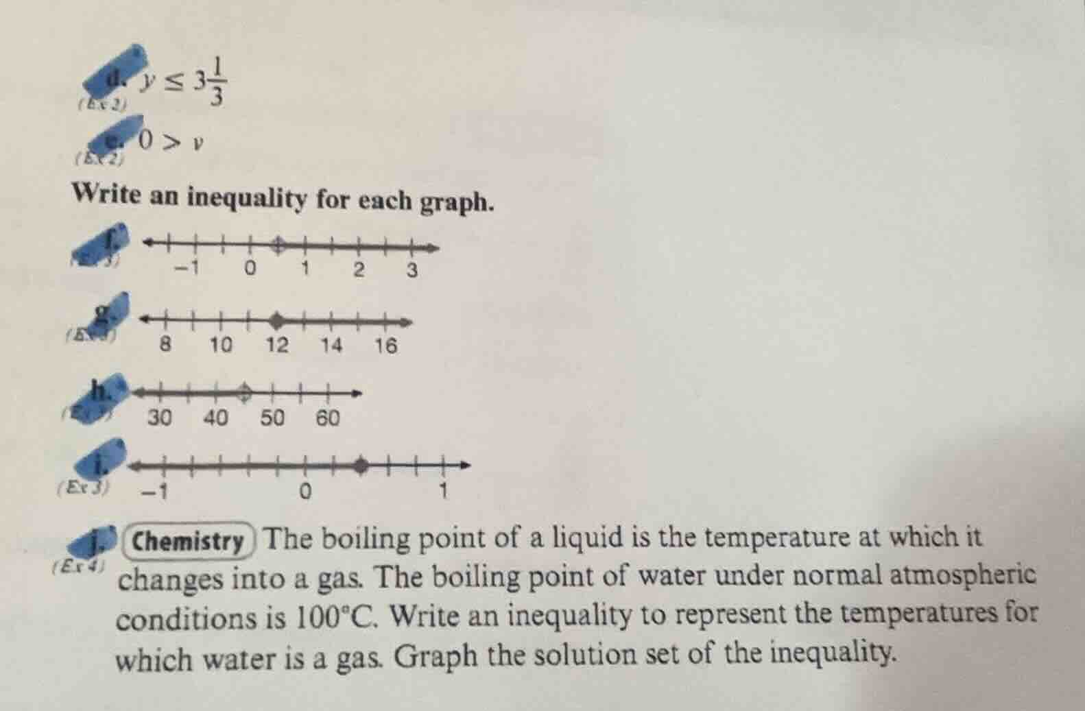 d. $y \\leq 3\\frac{1}{3}$ (ex 2) e. $0 > v$ (ex 2) write an inequality…