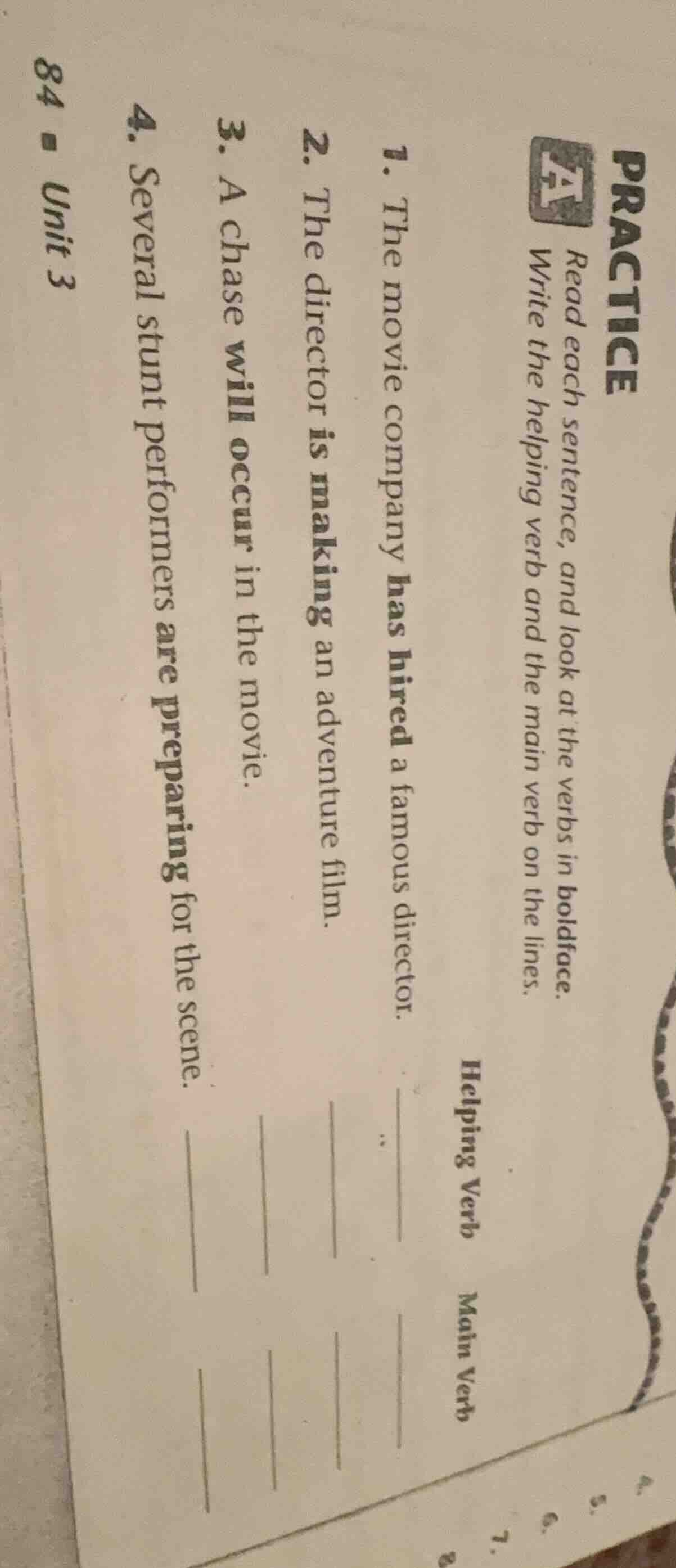 practice a read each sentence, and look at the verbs in boldface. write…