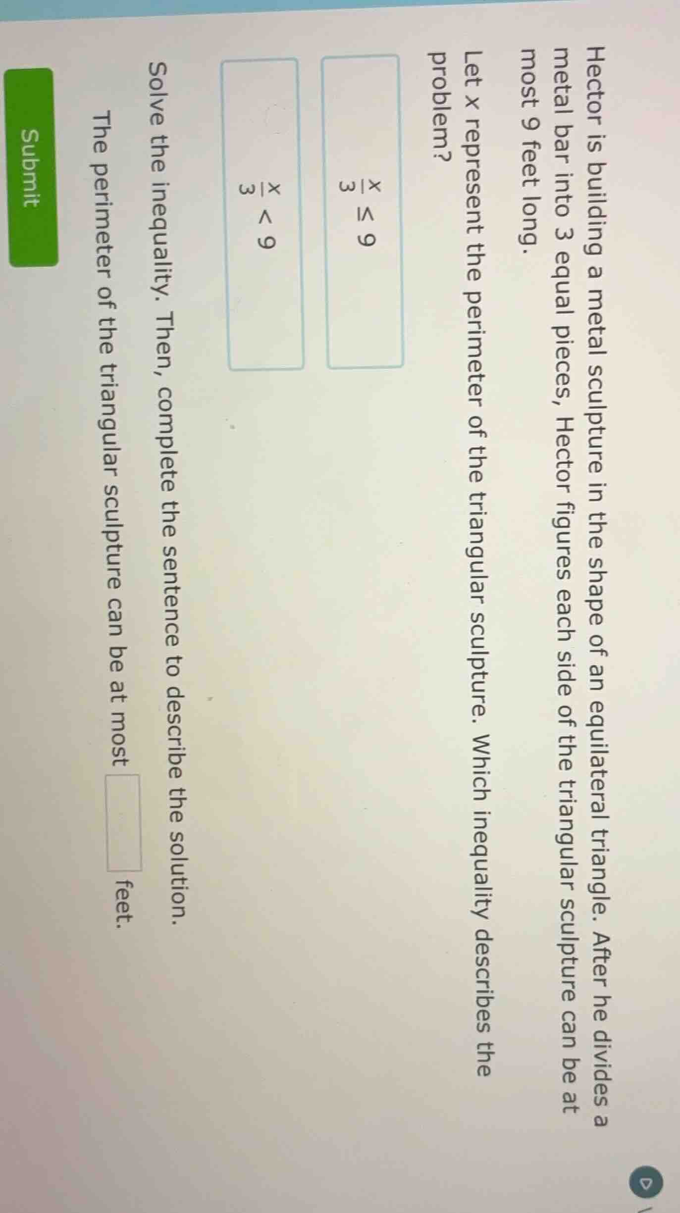 hector is building a metal sculpture in the shape of an equilateral tri…