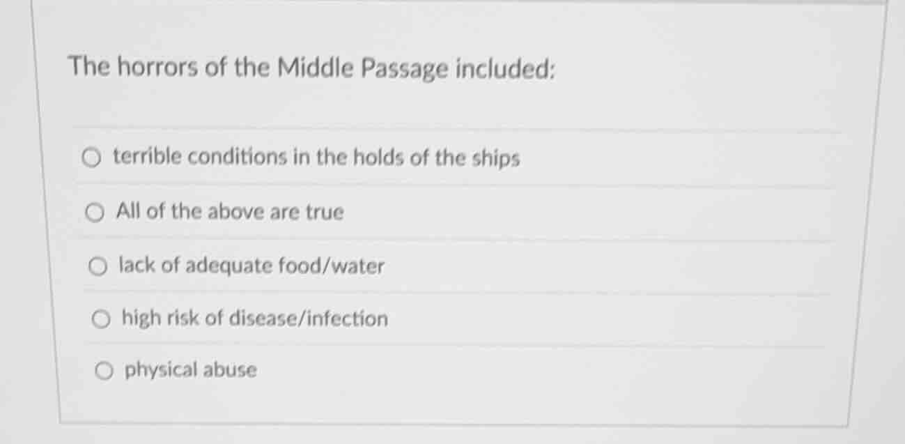 the horrors of the middle passage included: terrible conditions in the …
