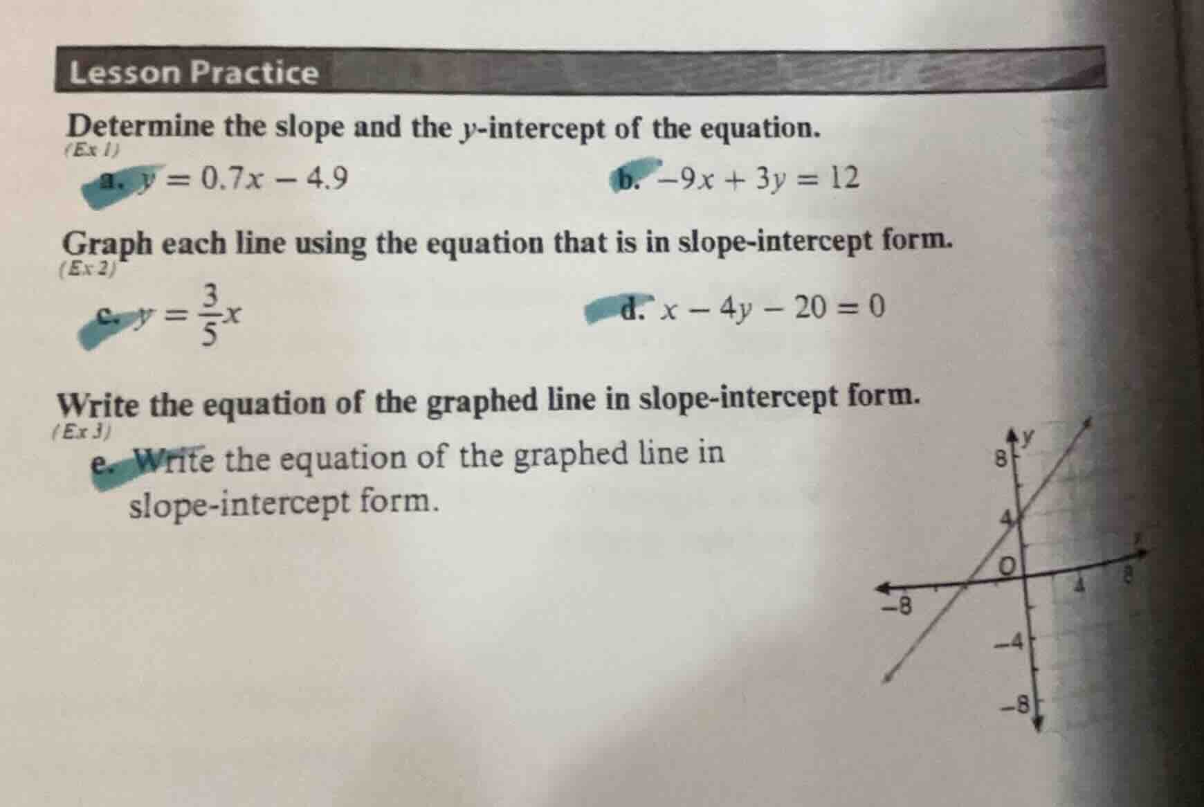 lesson practice determine the slope and the y-intercept of the equation…