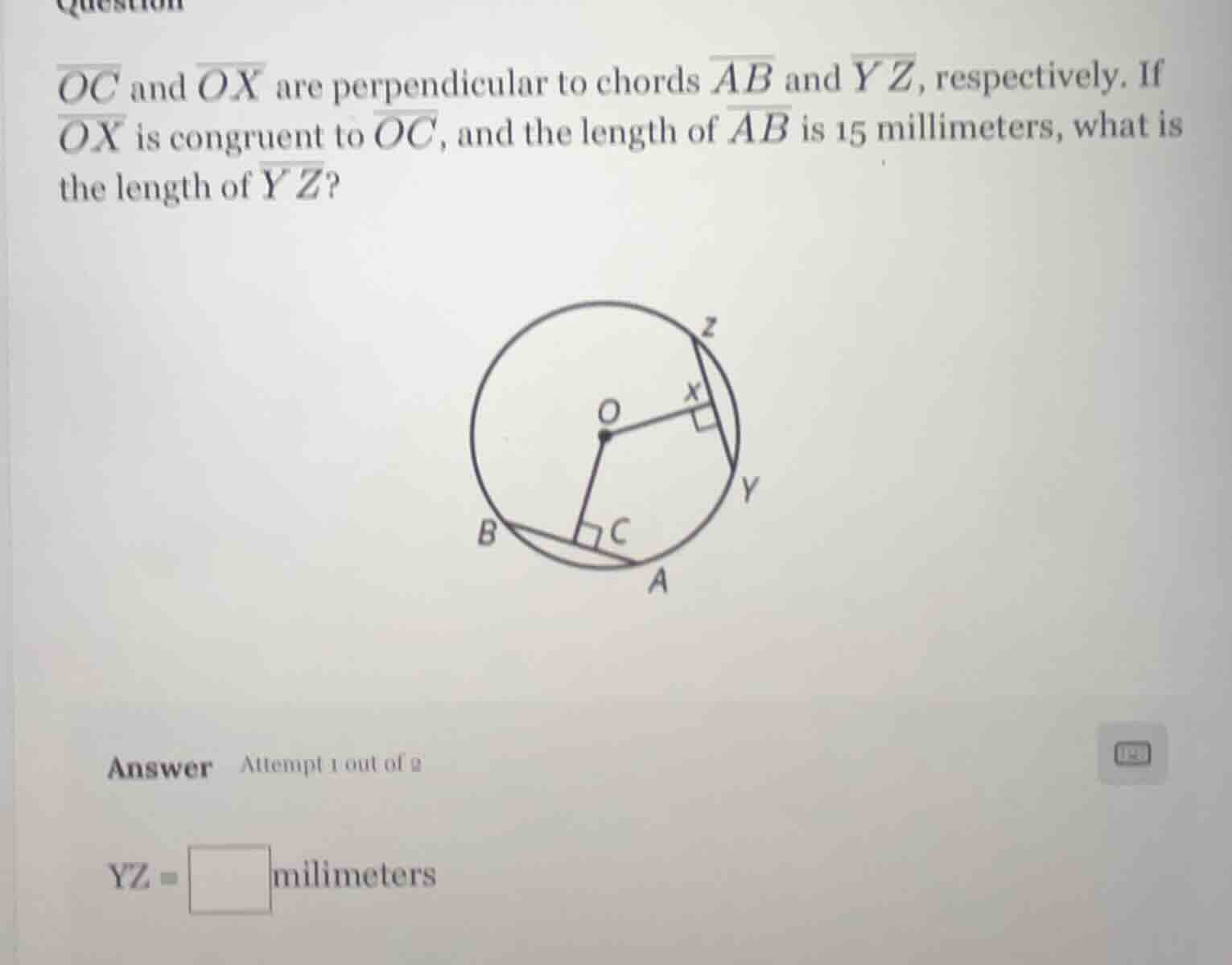 $\\overline{oc}$ and $\\overline{ox}$ are perpendicular to chords $\\ov…