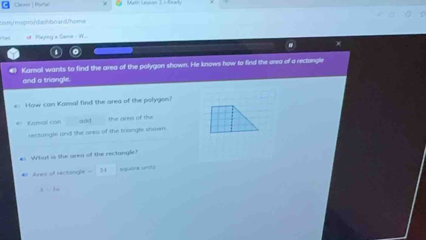 kamal wants to find the area of the polygon shown. he knows how to find…