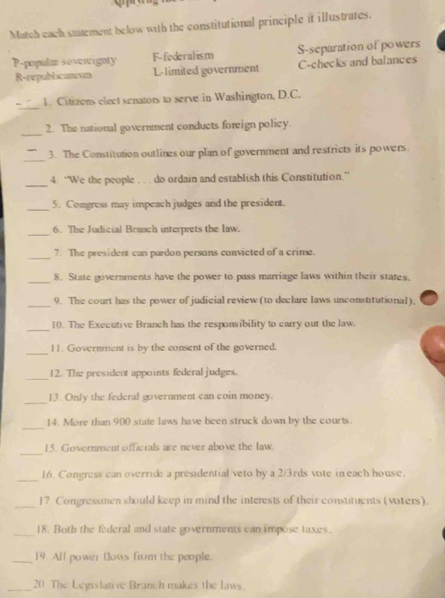 match each statement below with the constitutional principle it illustr…