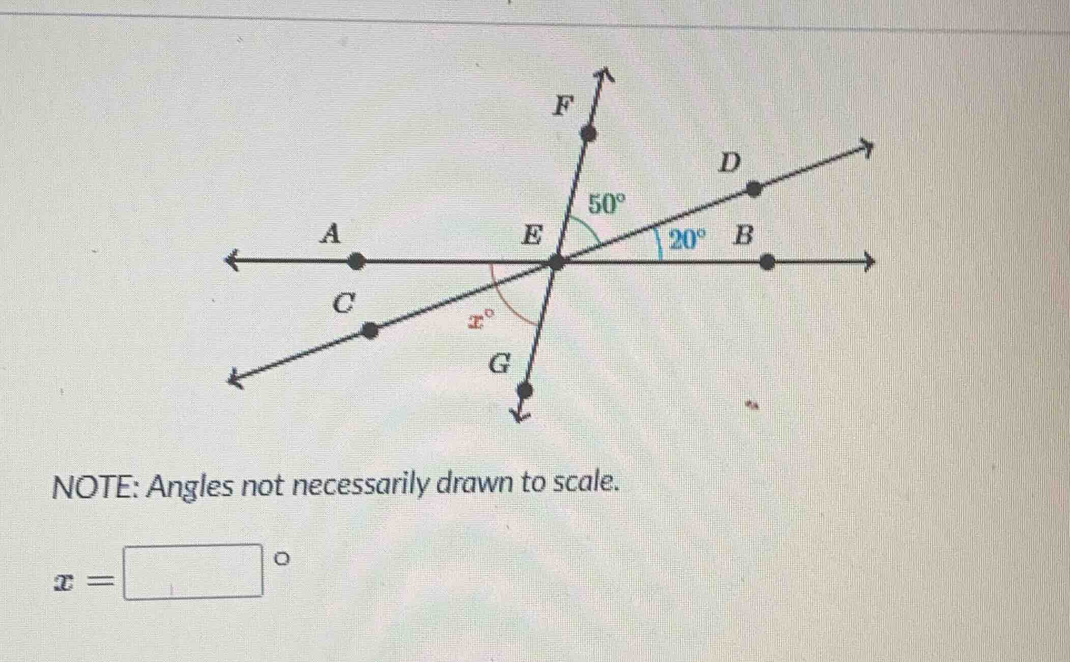 note: angles not necessarily drawn to scale. x = \\square ^\\circ