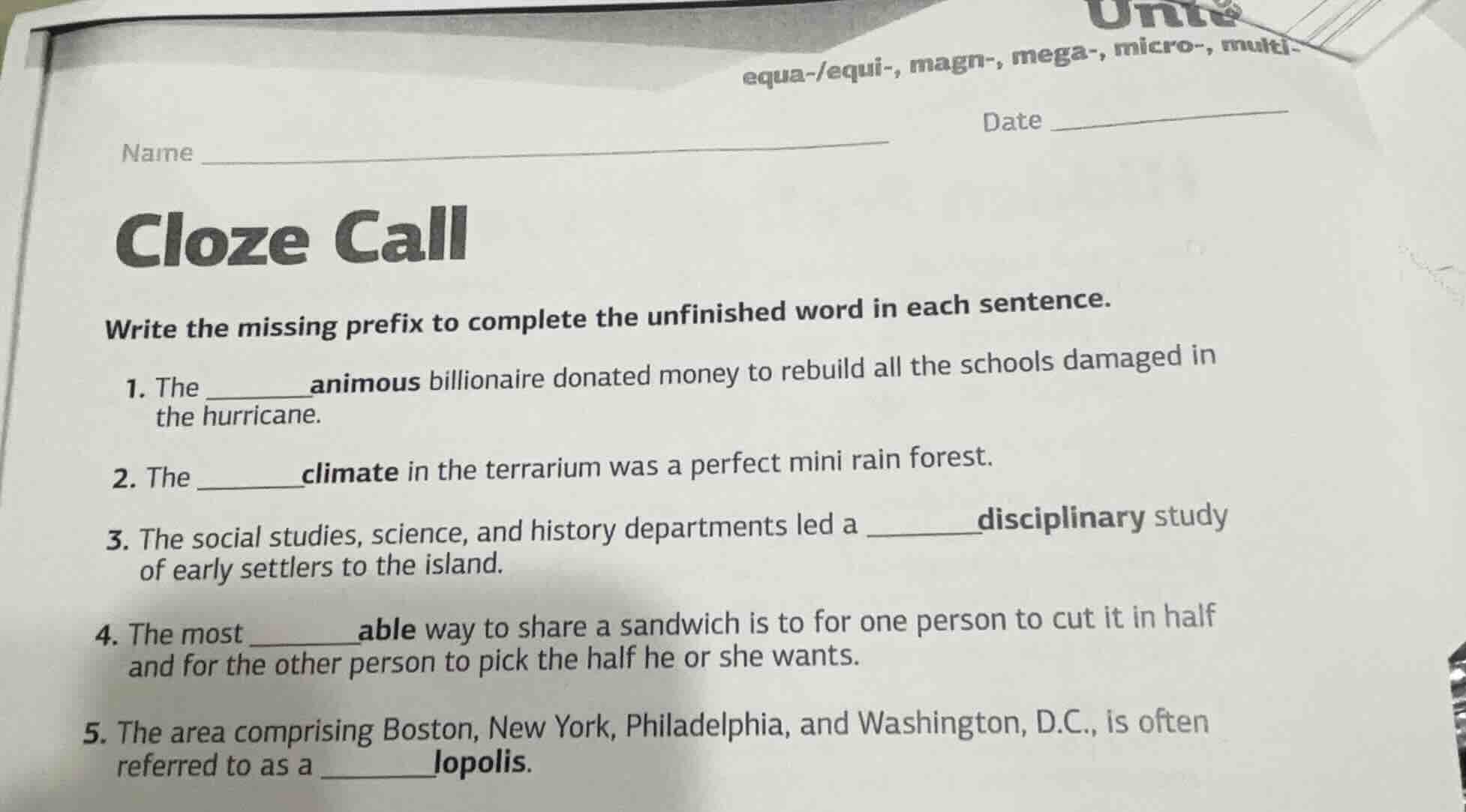 name date cloze call write the missing prefix to complete the unfinishe…