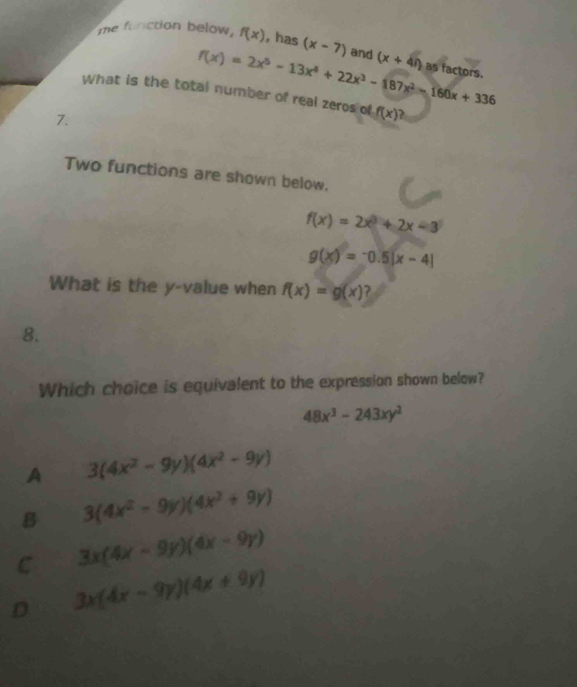 7. two functions are shown below. \\( f(x) = 2x^3 + 2x - 3 \\) \\( g(x)…