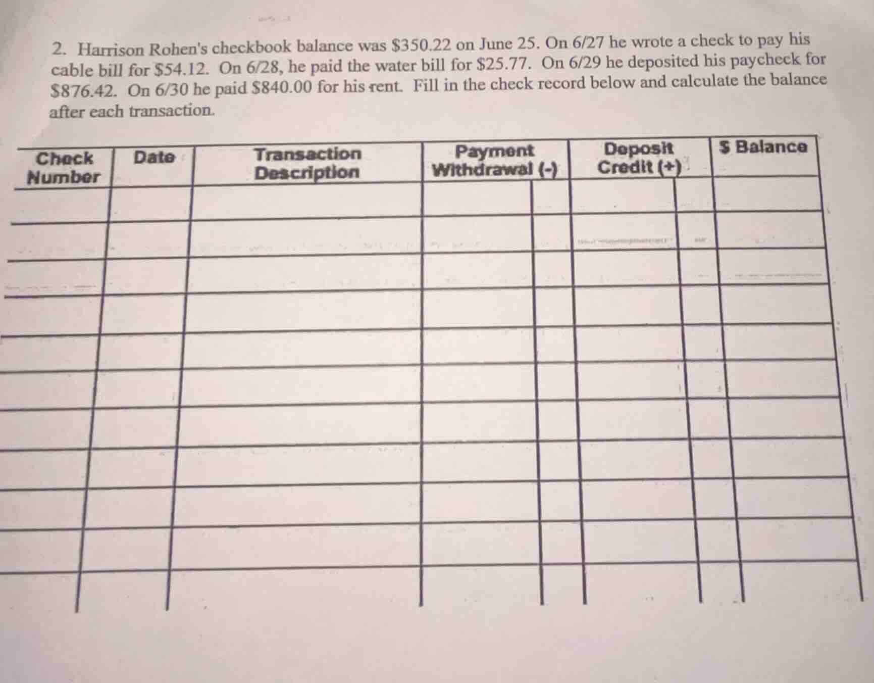 2. harrison rohens checkbook balance was $350.22 on june 25. on 6/27 he…