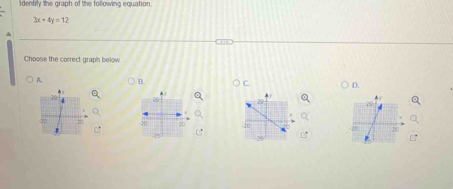 identify the graph of the following equation. 3x + 4y = 12 choose the c…