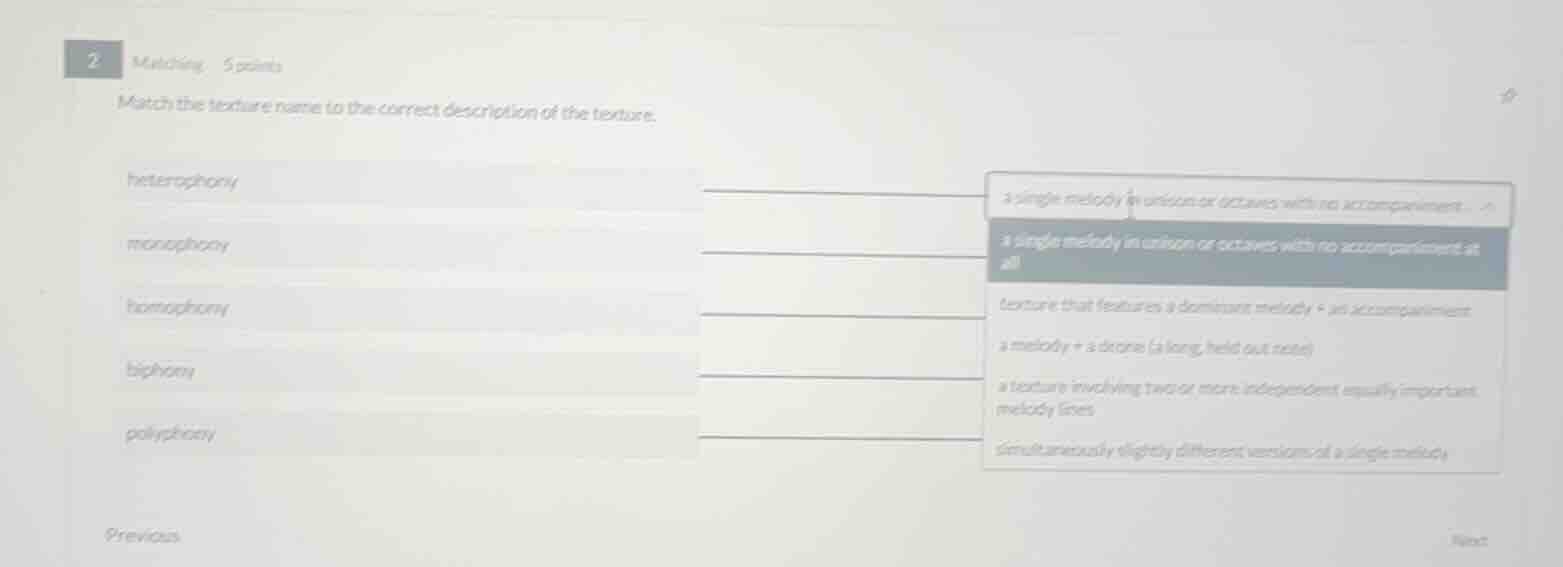 2 matching, 5 points match the texture name to the correct description …