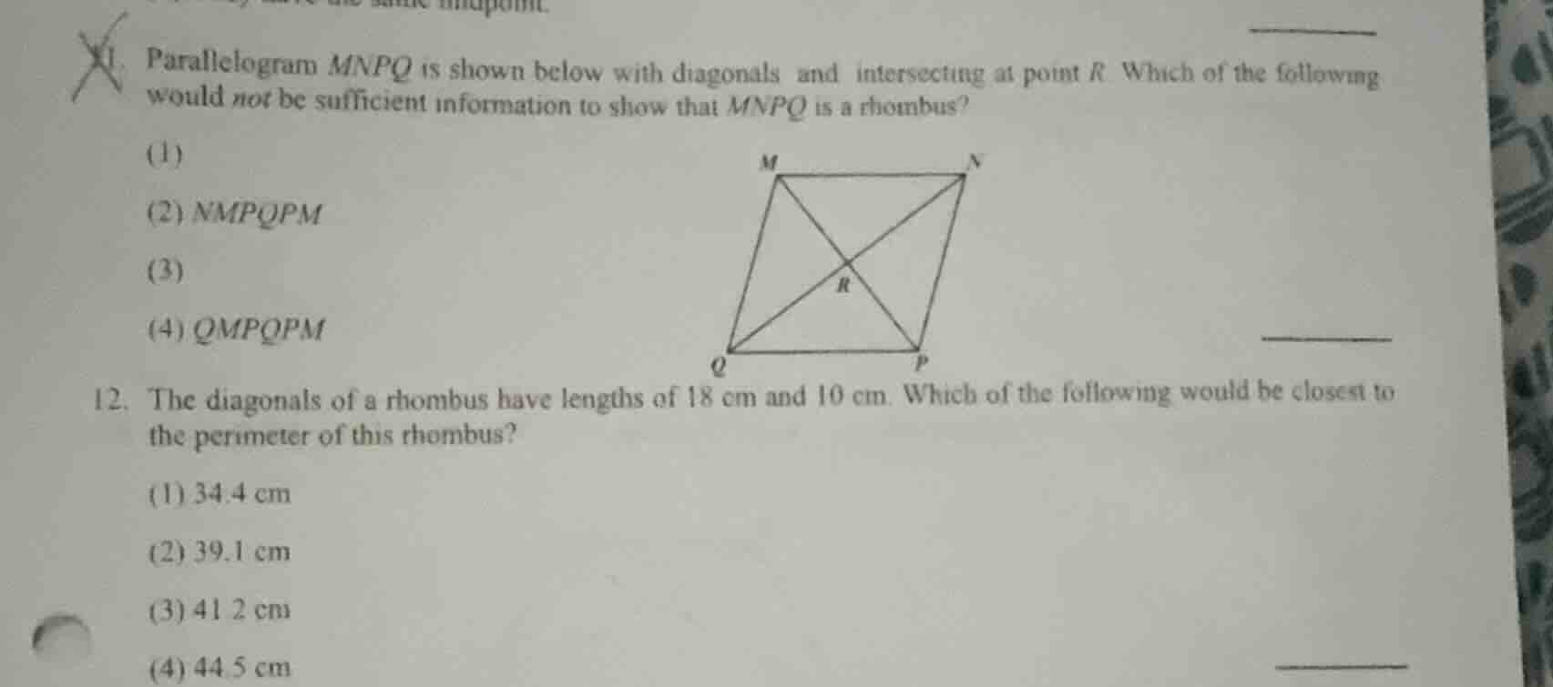 1. parallelogram mnpq is shown below with diagonals and intersecting at…