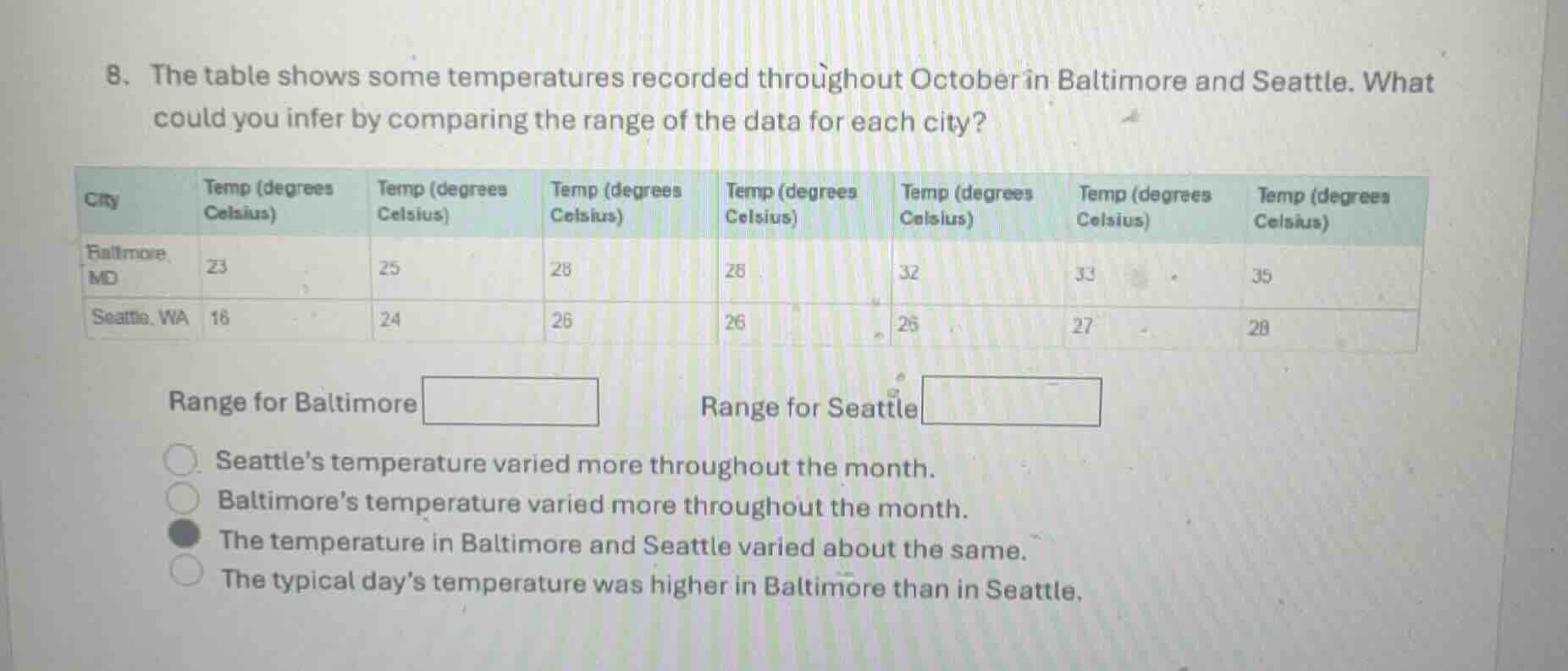 8. the table shows some temperatures recorded throughout october in bal…