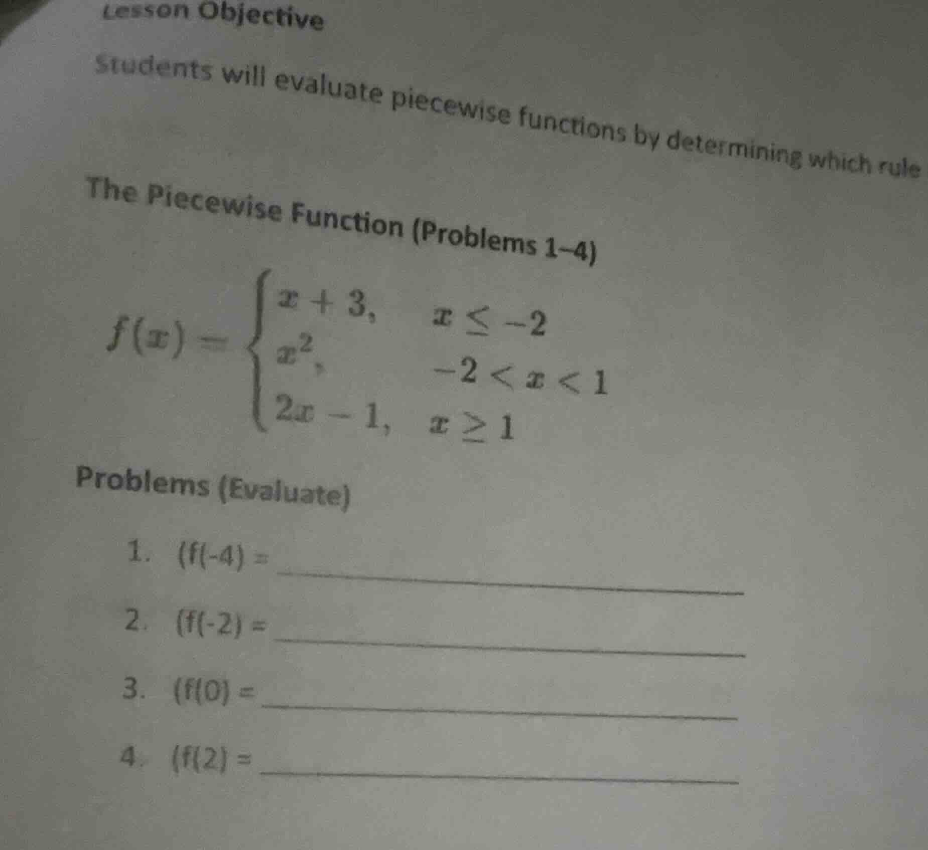 lesson objective students will evaluate piecewise functions by determin…