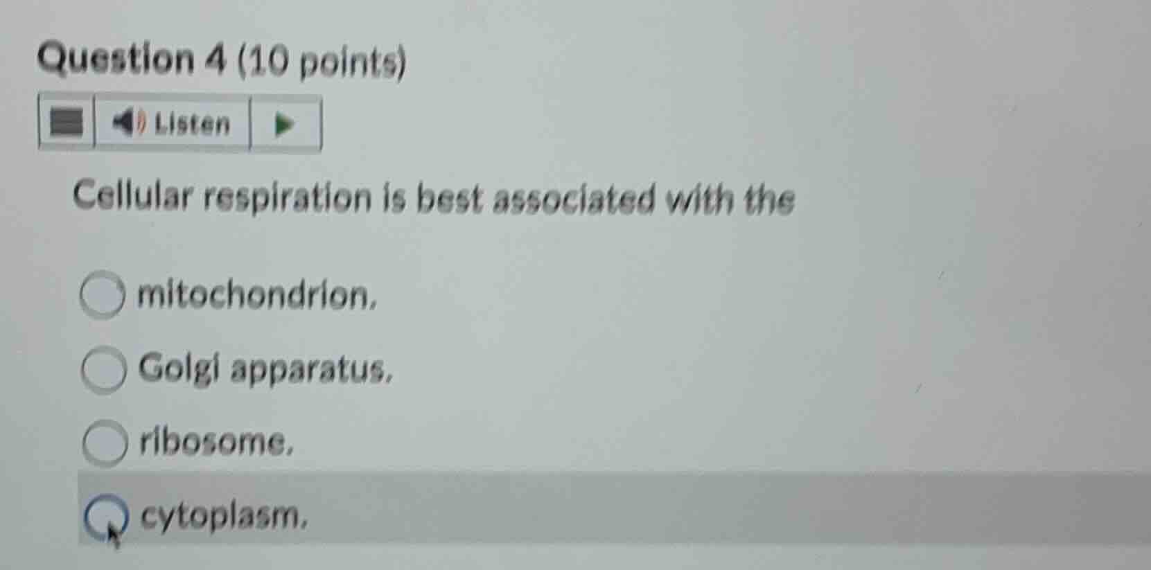 question 4 (10 points) listen cellular respiration is best associated w…