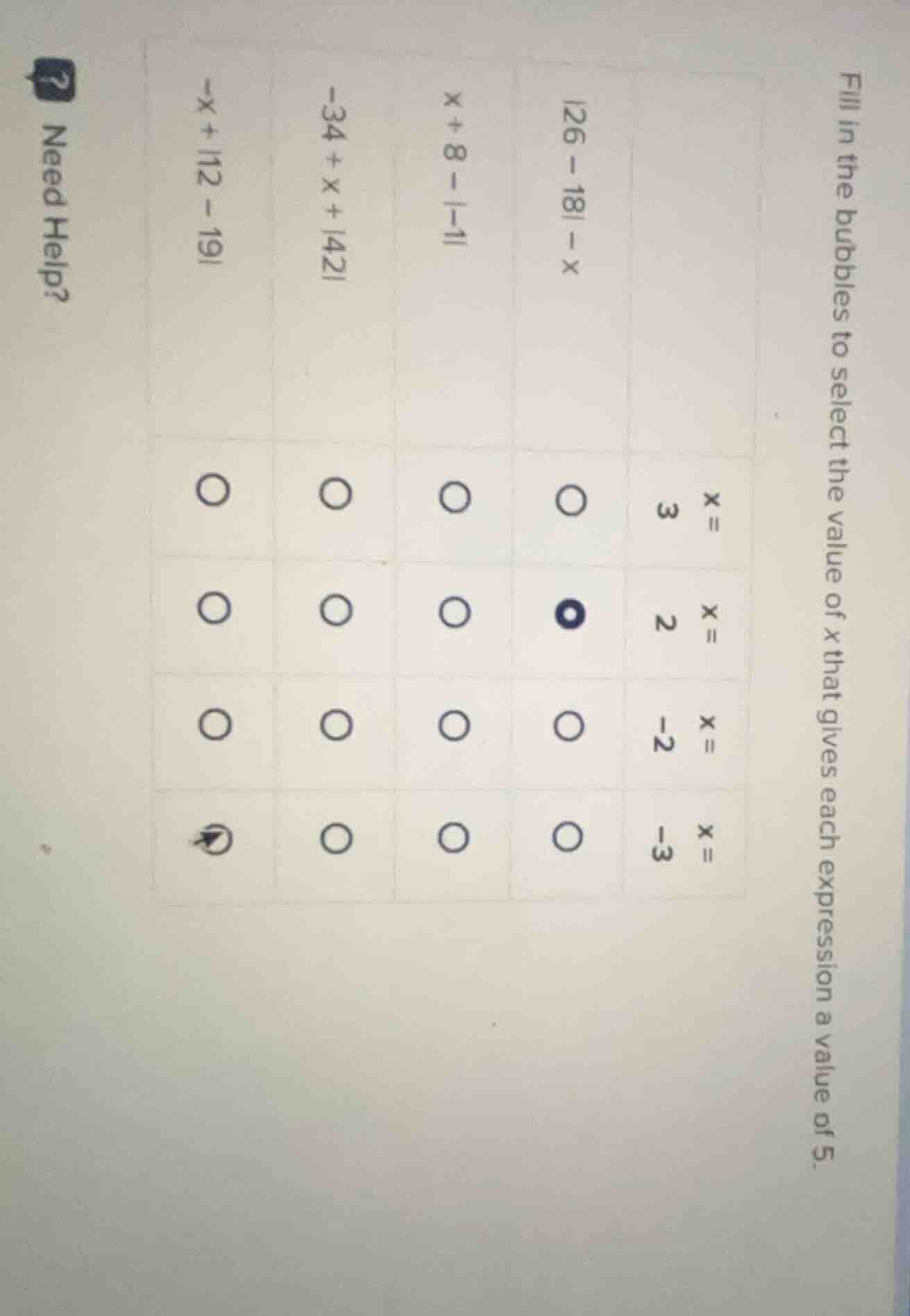 fill in the bubbles to select the value of x that gives each expression…