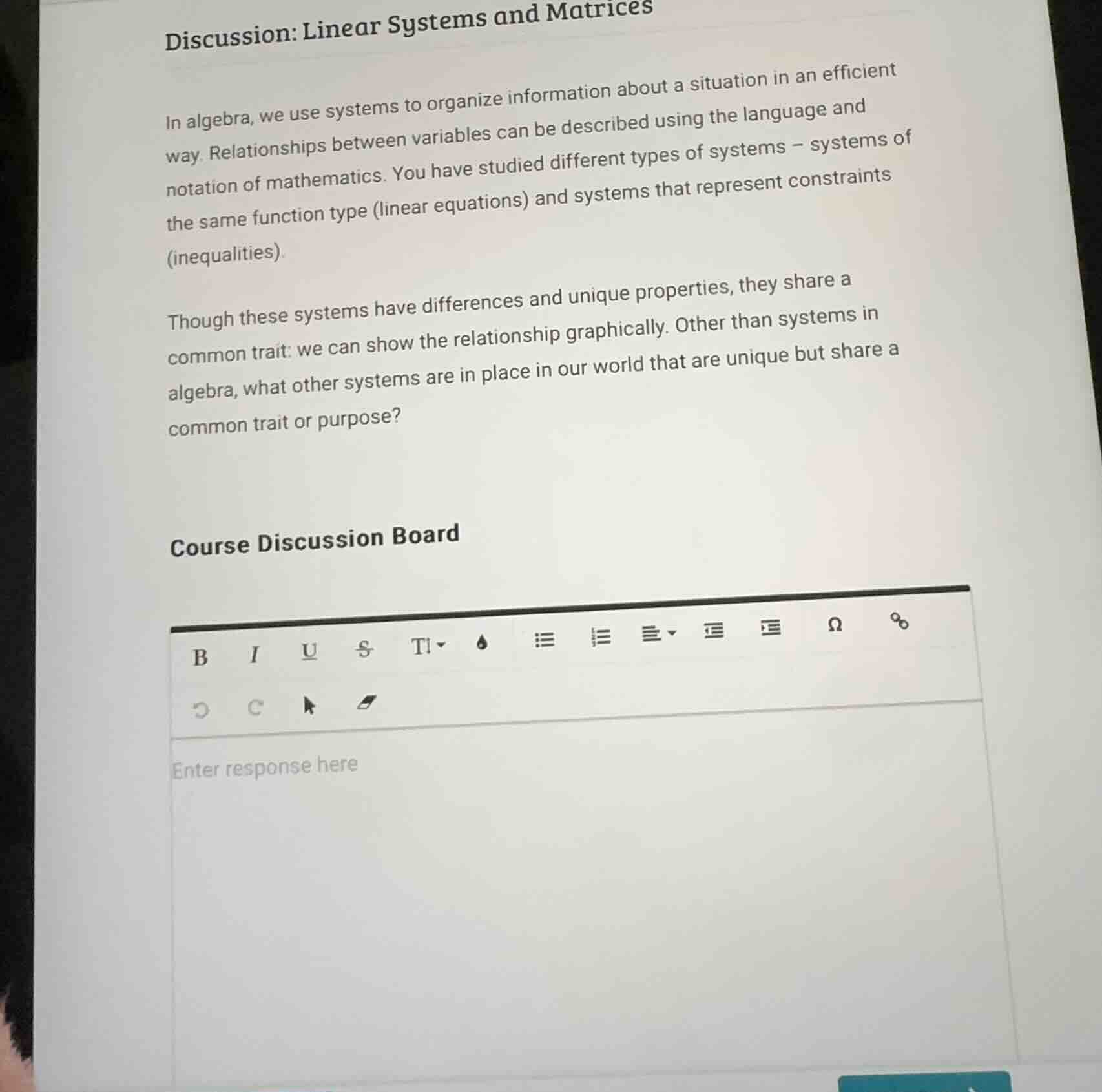discussion: linear systems and matrices in algebra, we use systems to o…