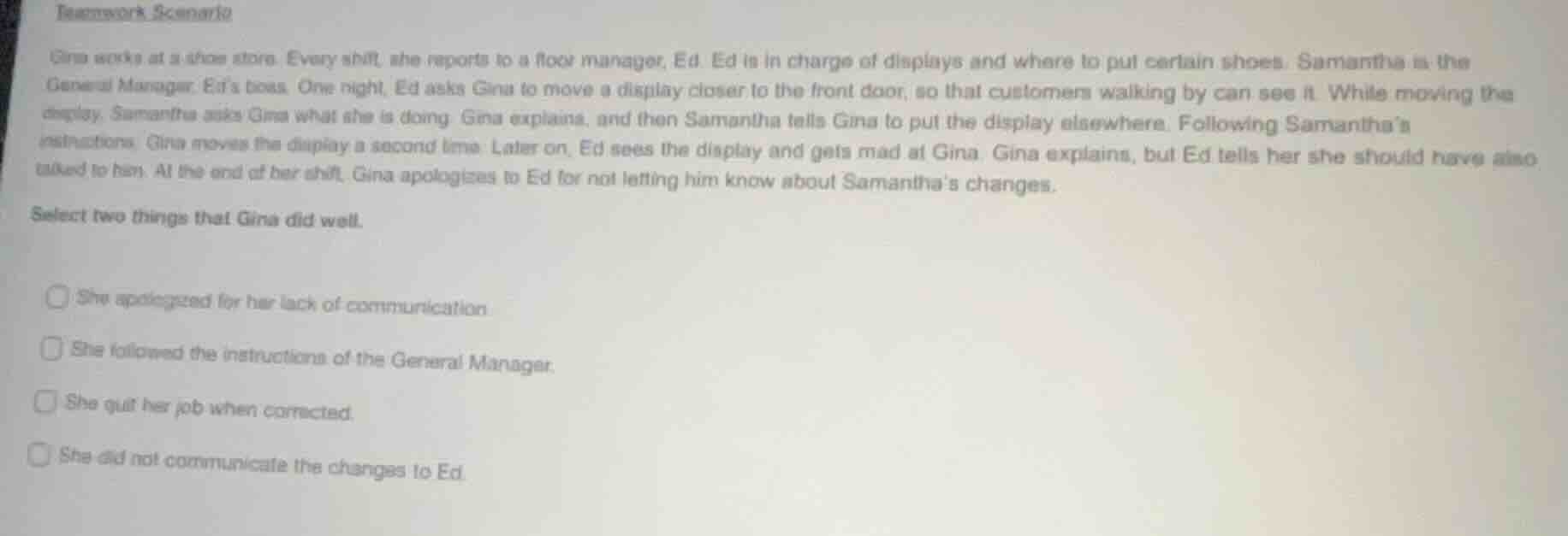 teamwork scenario gina works at a shoe store. every shift, she reports …