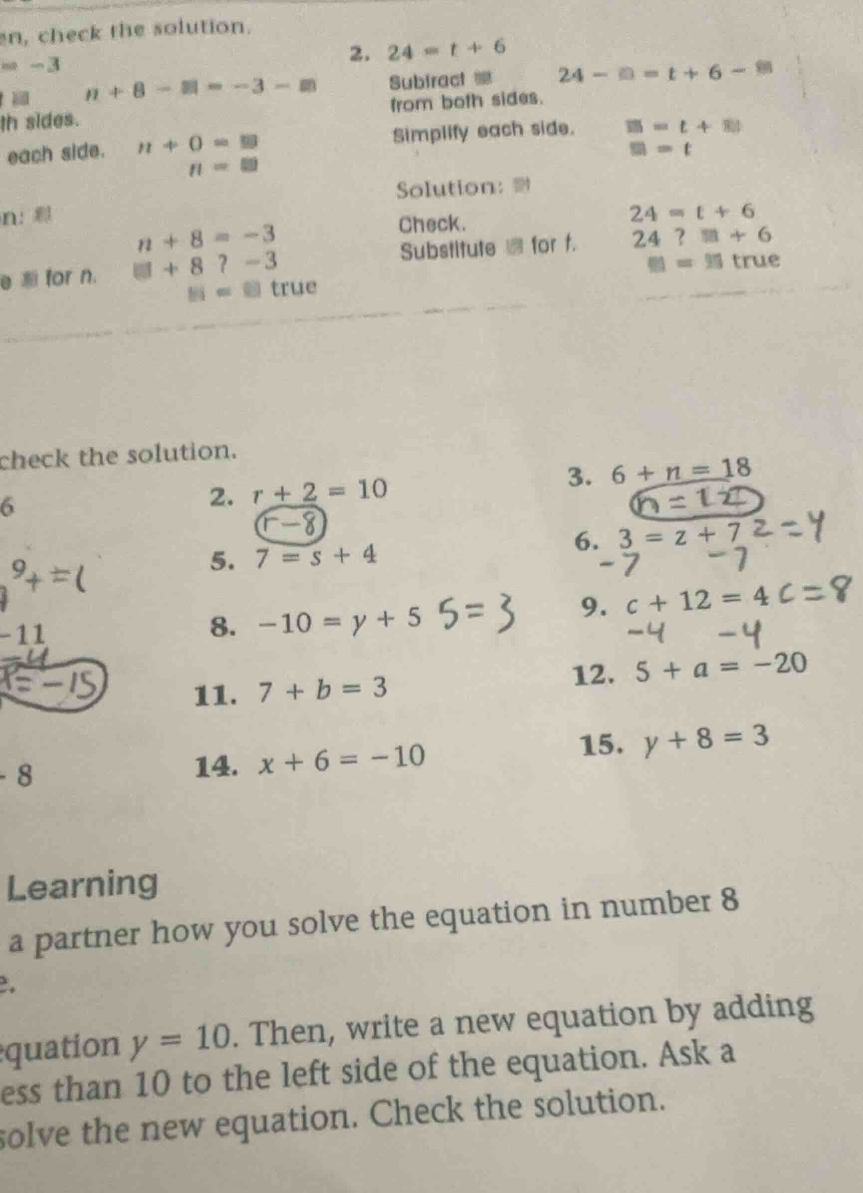 en, check the solution. = -3 n + 8 - = -3 - th sides. each side. n + 0 …