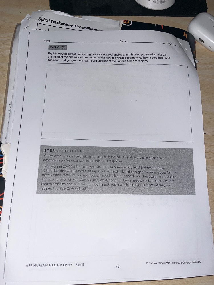 name class date task (3) explain why geographers use regions as a scale…