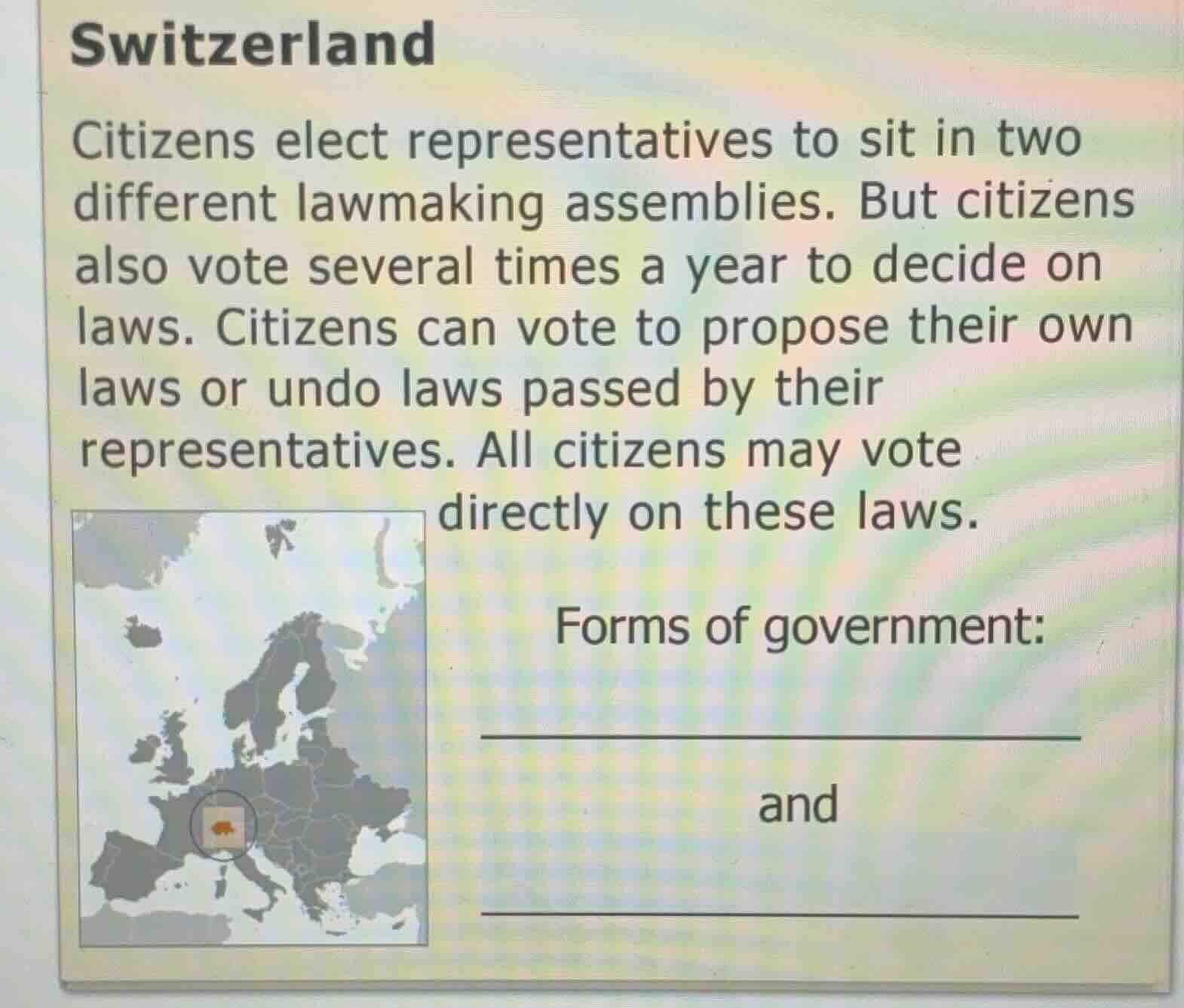 switzerland citizens elect representatives to sit in two different lawm…