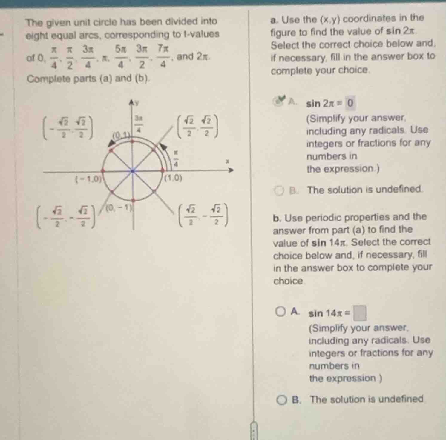 the given unit circle has been divided into eight equal arcs, correspon…